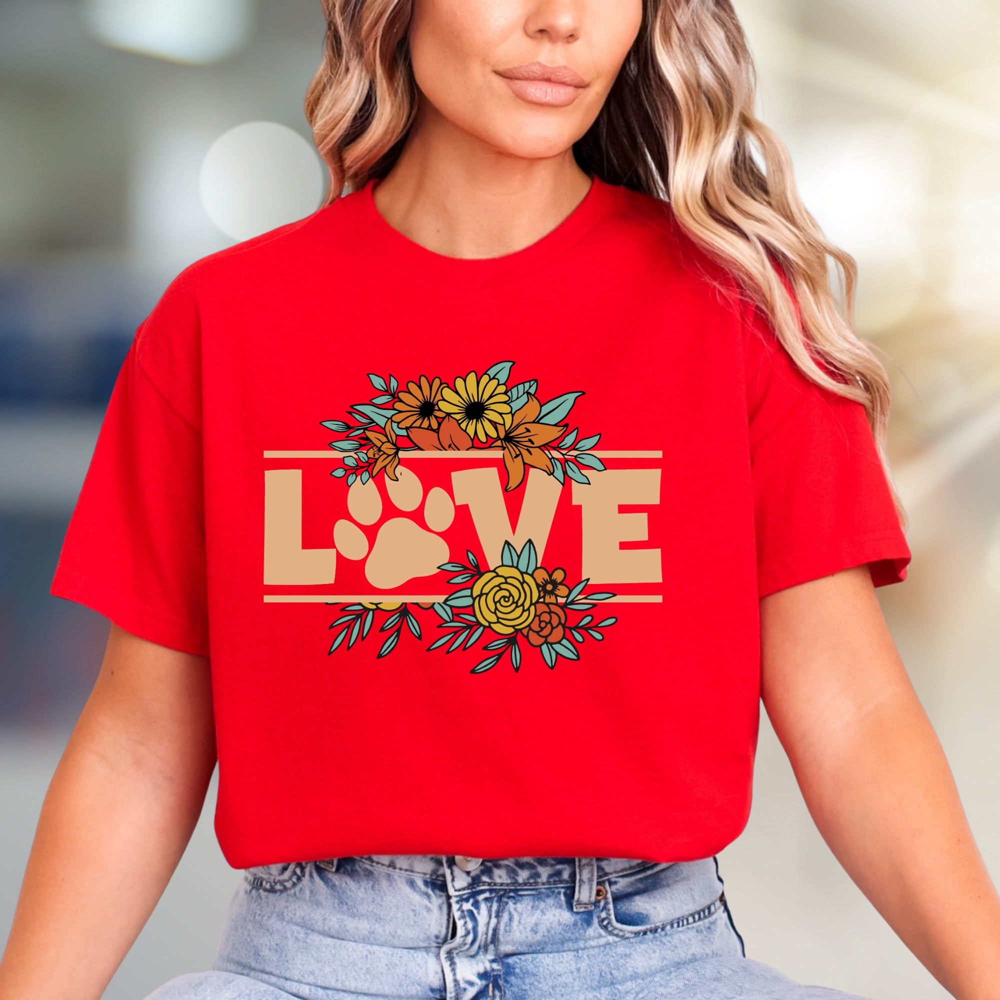 "LOVE" Floral Paw Print Graphic Tee, a Bohemian Pet Lover's Pick for Everyday Style