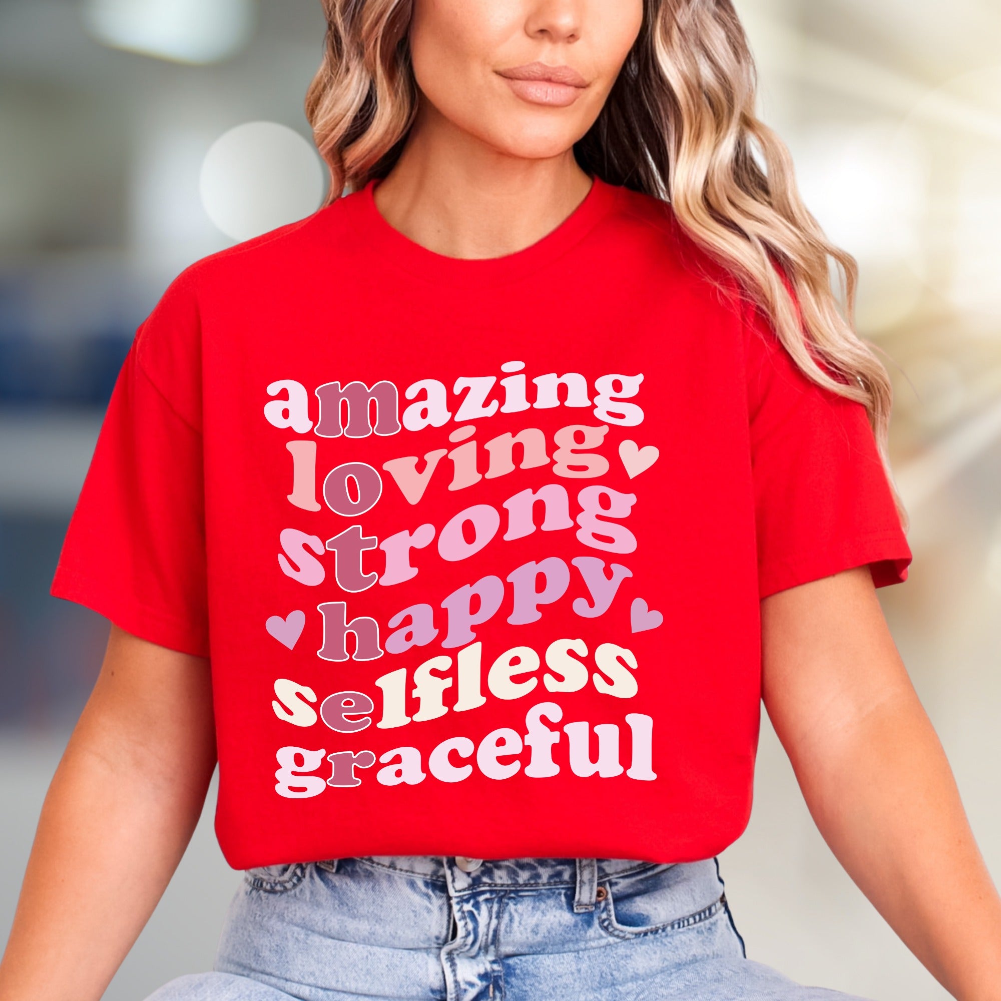 "Amazing Loving Strong Happy Selfless Graceful" Empowering Groovy Graphic Tee, a Self-Love Pick for Her