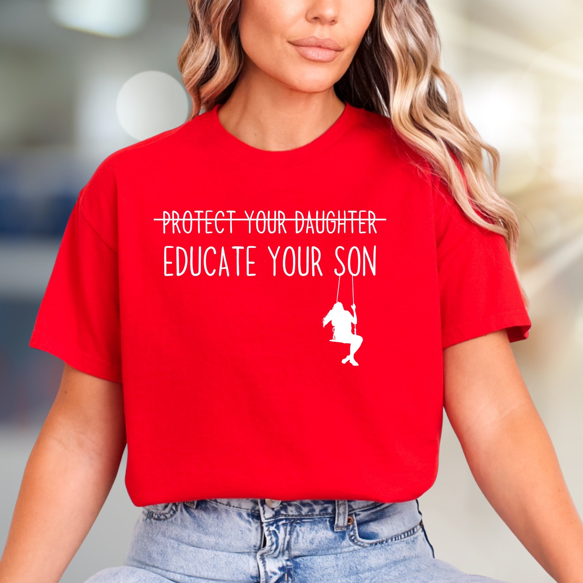 "Protect Your Daughter Educate Your Son" Feminist Graphic Tee, a Statement Pick for Advocates