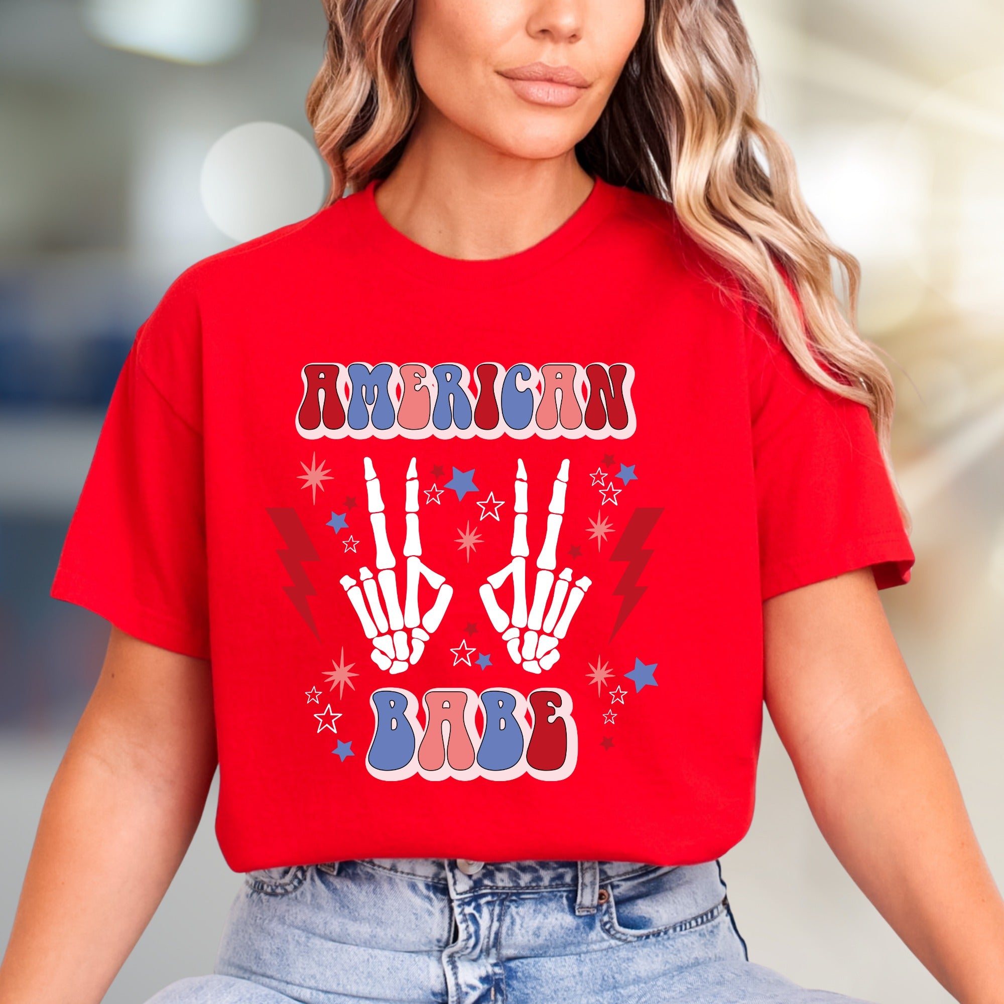 "AMERICAN BABE" Retro Patriotic Skeleton Tee, a Groovy Pick for Free Spirits
