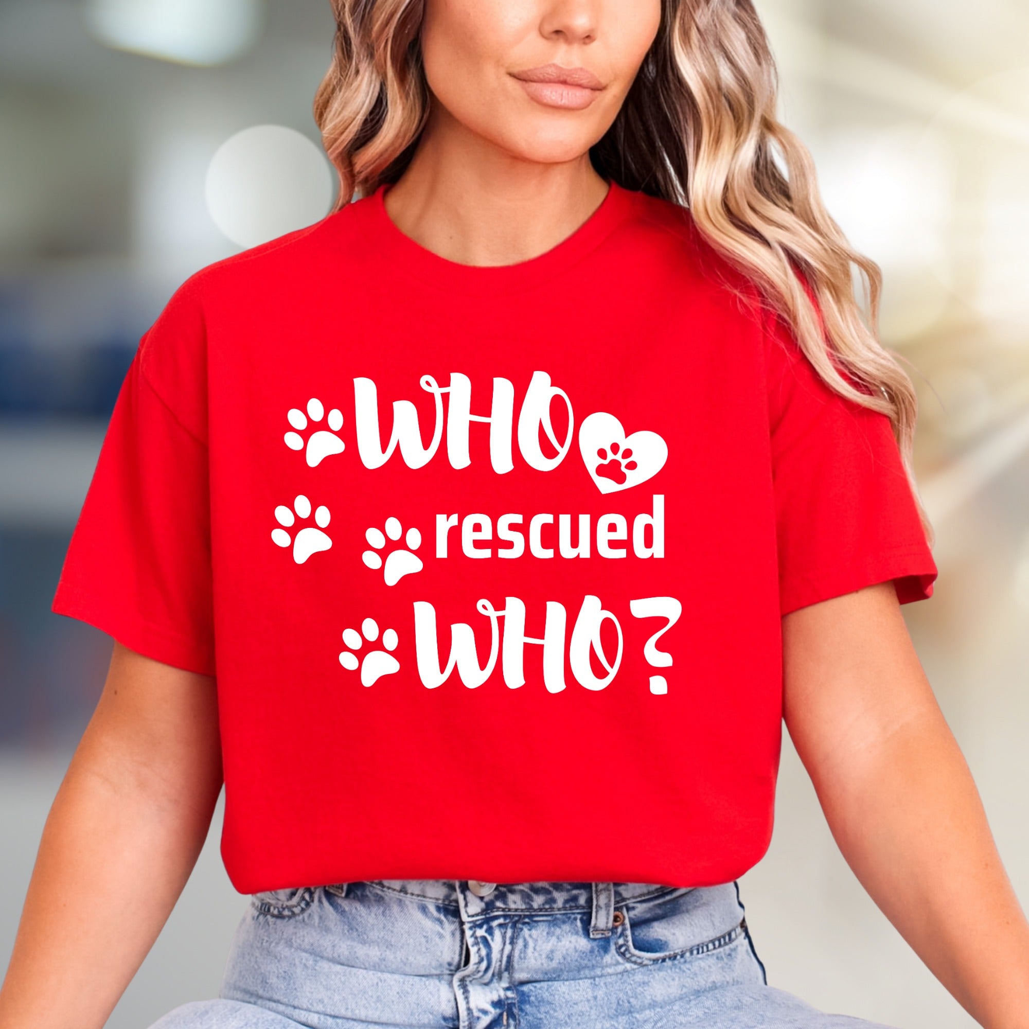 "WHO rescued WHO?" Paw Print Graphic Tee, a Heartfelt Pick for Pet Lovers