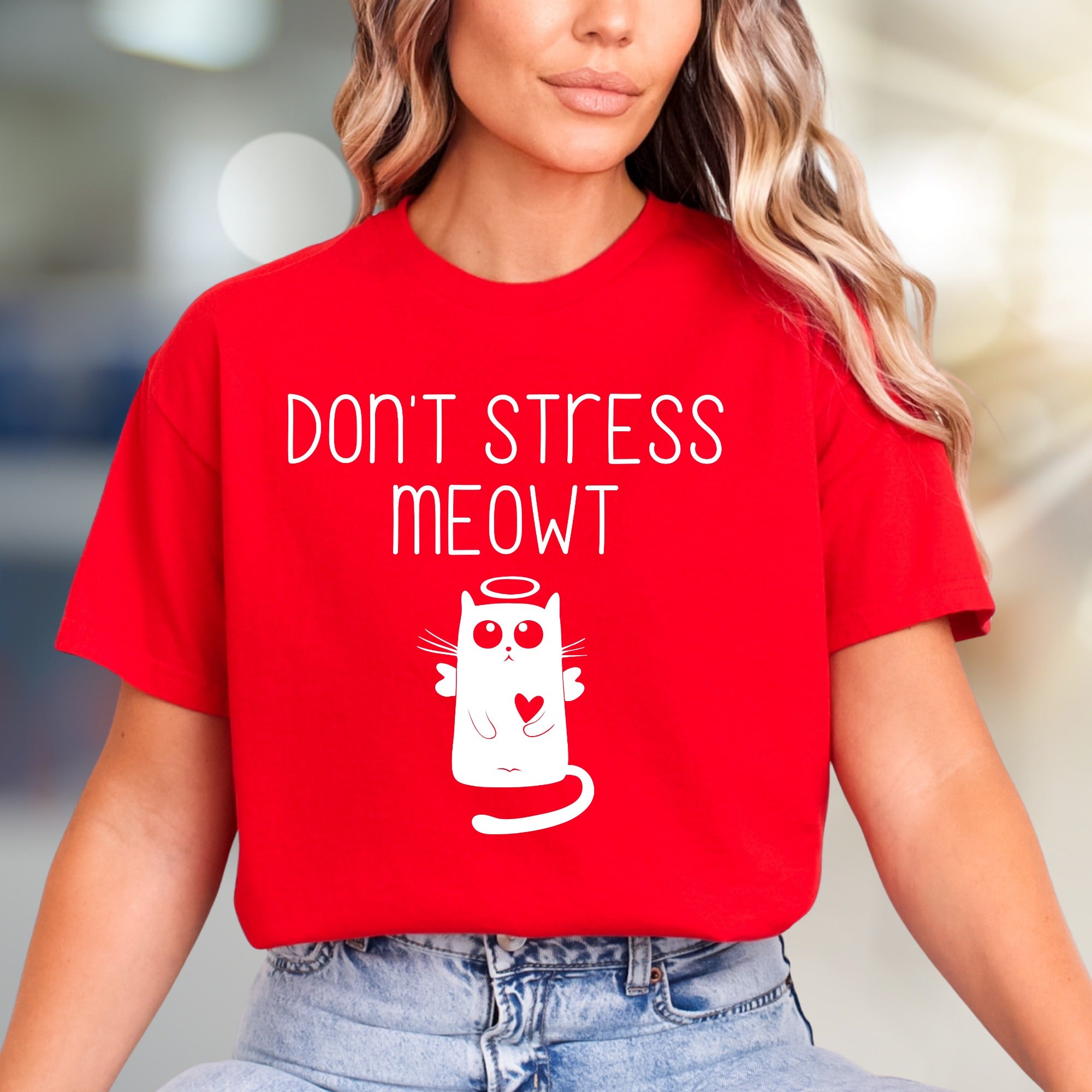 "Don't Stress Meowt" Angel Cat Graphic Tee, a Whimsical Pick for Cat Lovers