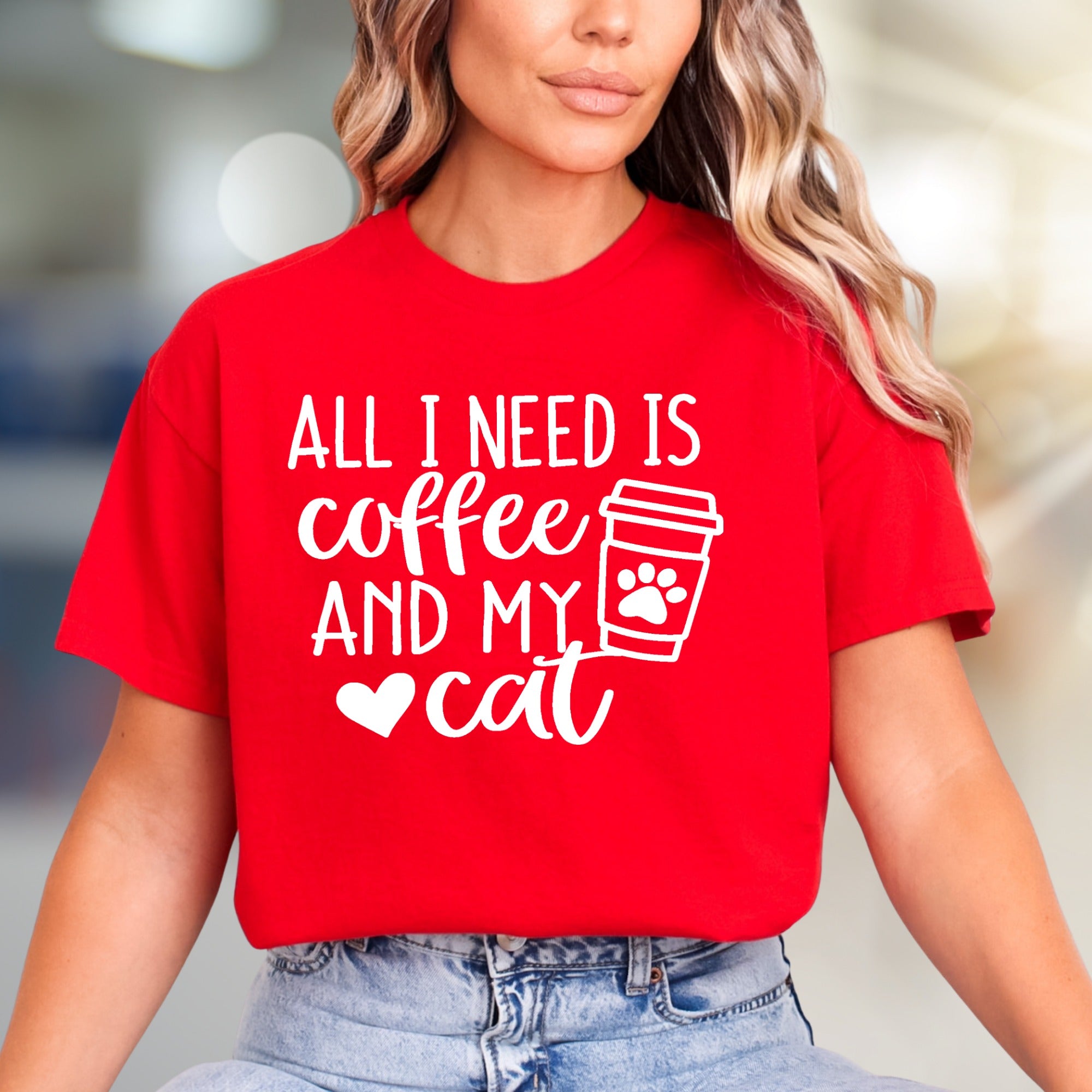 "All I Need is Coffee and My Cat" Cute Coffee Lover Graphic Tee, a Pet-Themed Pick for Daily Wear
