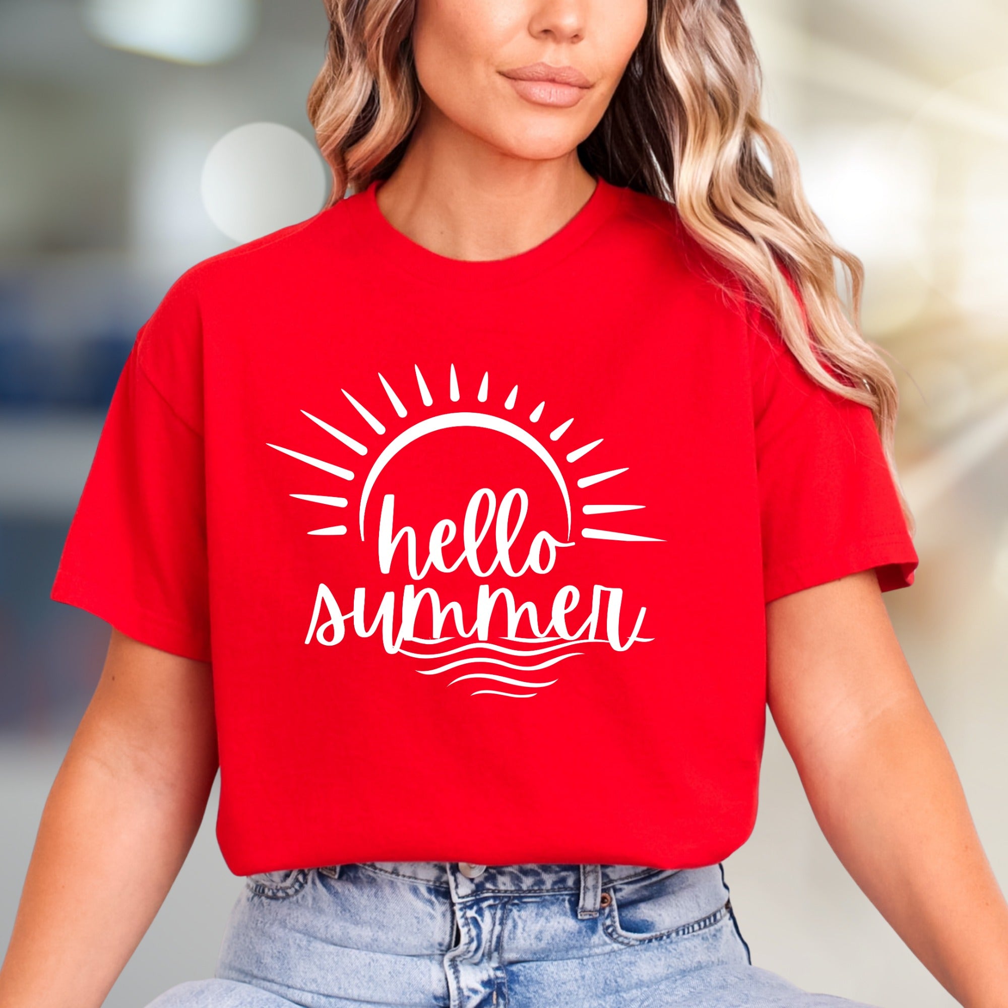 "hello summer" Sun & Wave Graphic Tee, a Vacation Style Pick for Beach Lovers