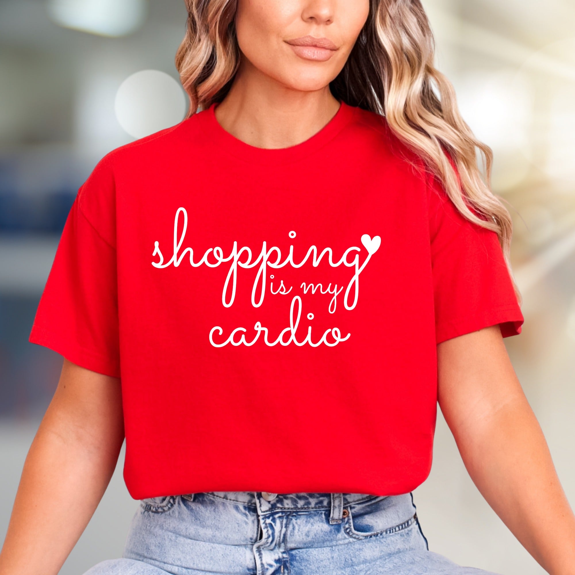 "Shopping is My Cardio" Script Graphic Tee, a Humorous Pick for Fashionistas