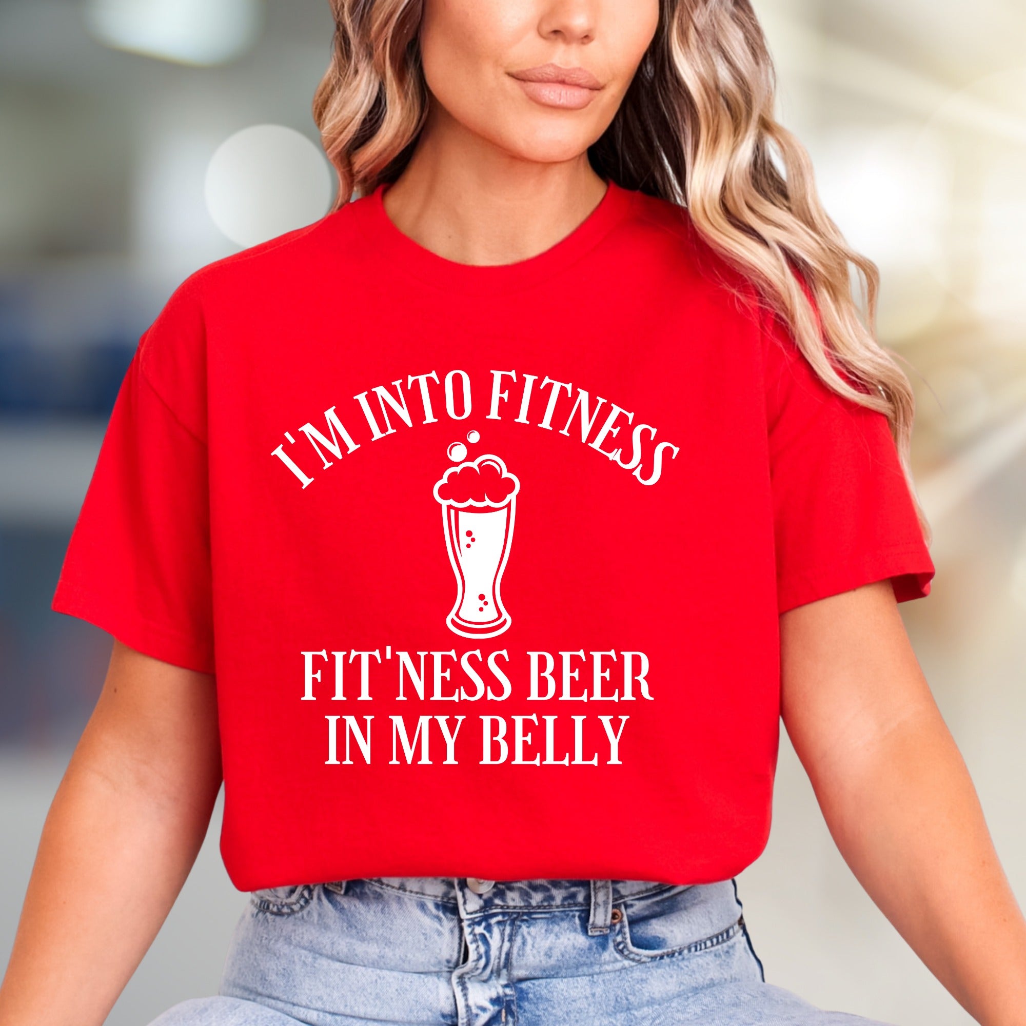 "I'm Into Fitness Fit'ness Beer In My Belly" Funny Beer Graphic Tee, A Humor-Filled Statement for Casual Wear