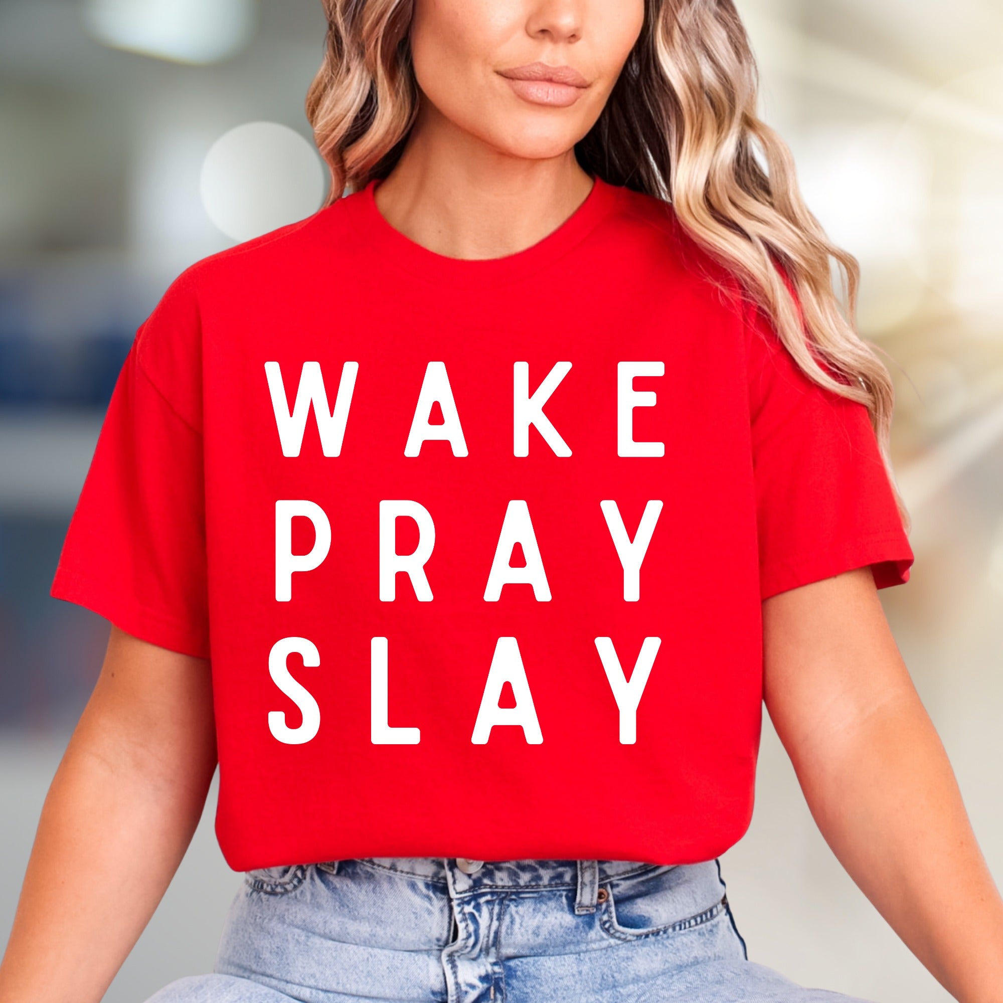 "WAKE PRAY SLAY" Motivational Graphic Tee, an Empowering Pick for Go-Getters