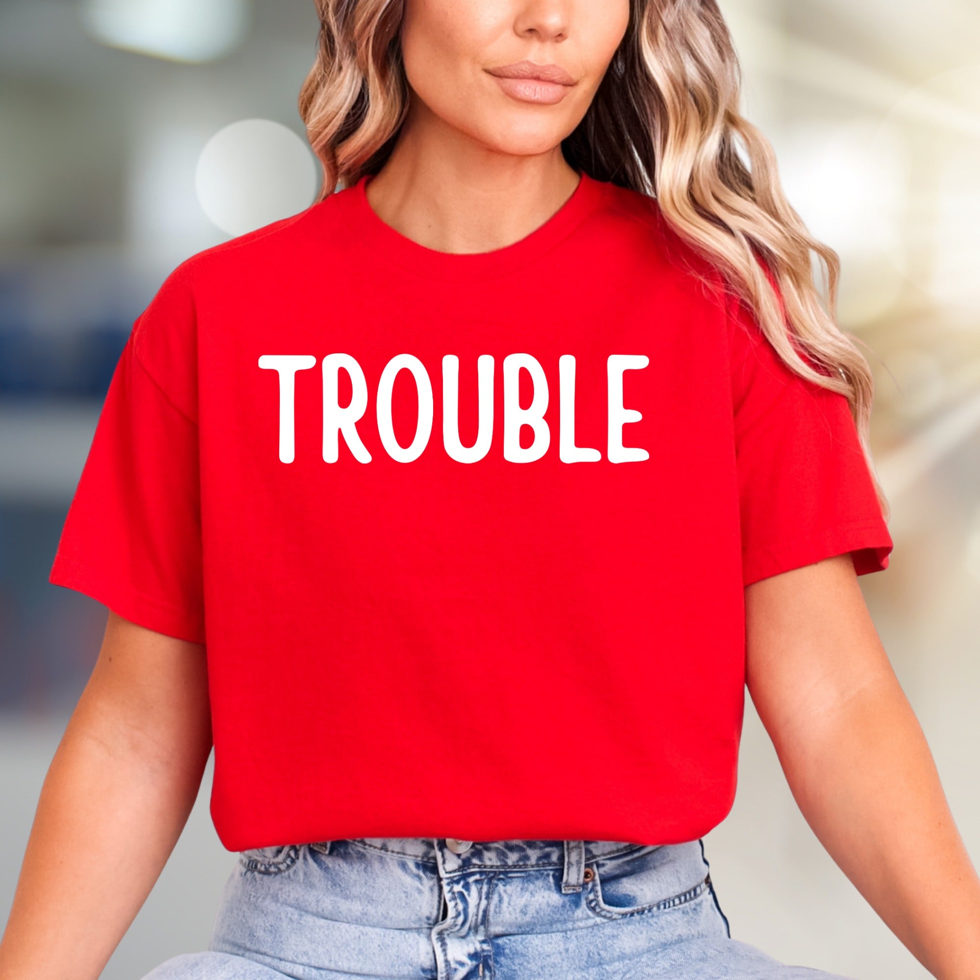 "TROUBLE" Bold Statement Graphic Tee, a Playful Pick for the Confident