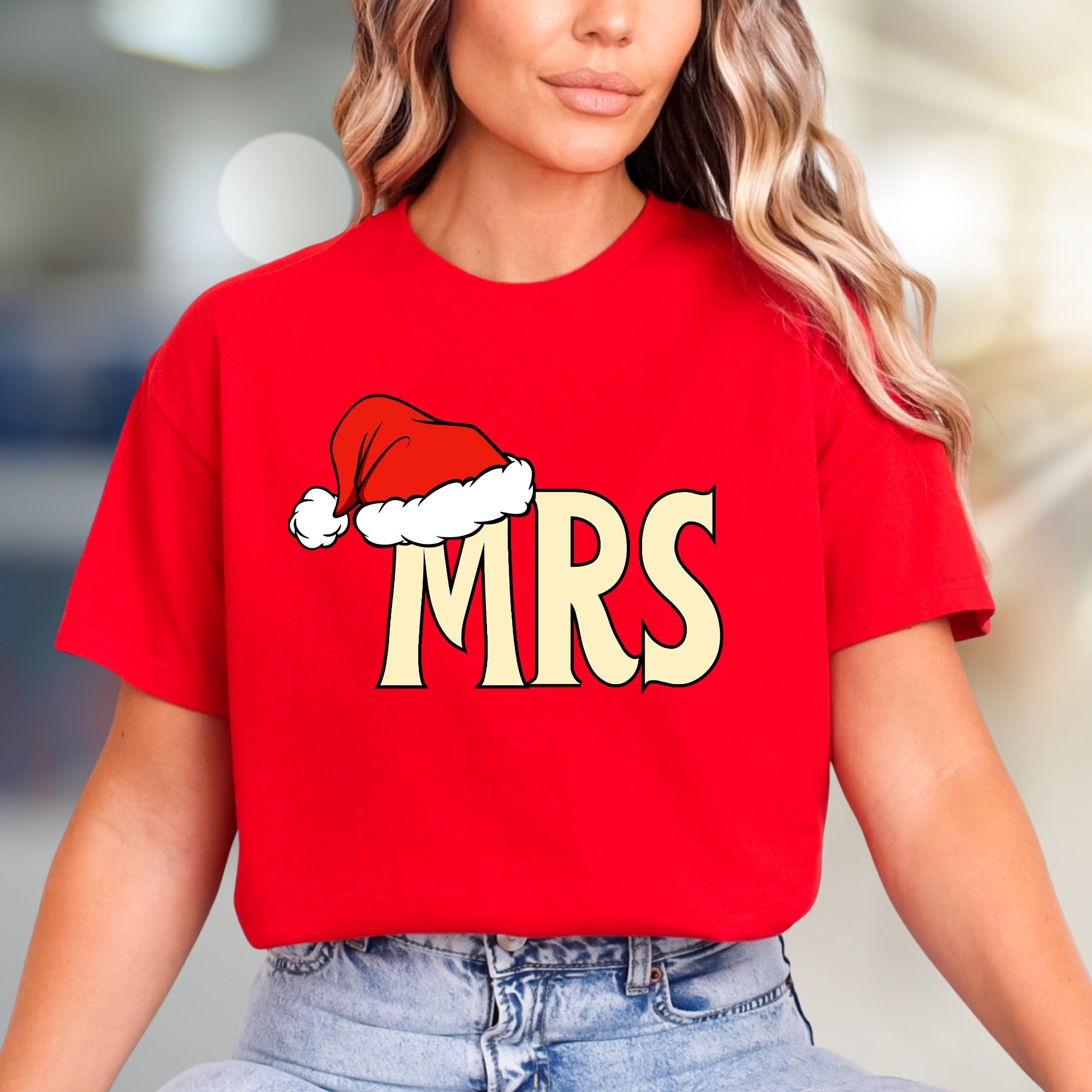 "MRS." with Santa Hat Holiday Graphic Tee, A Festive Couple's Pick for Her