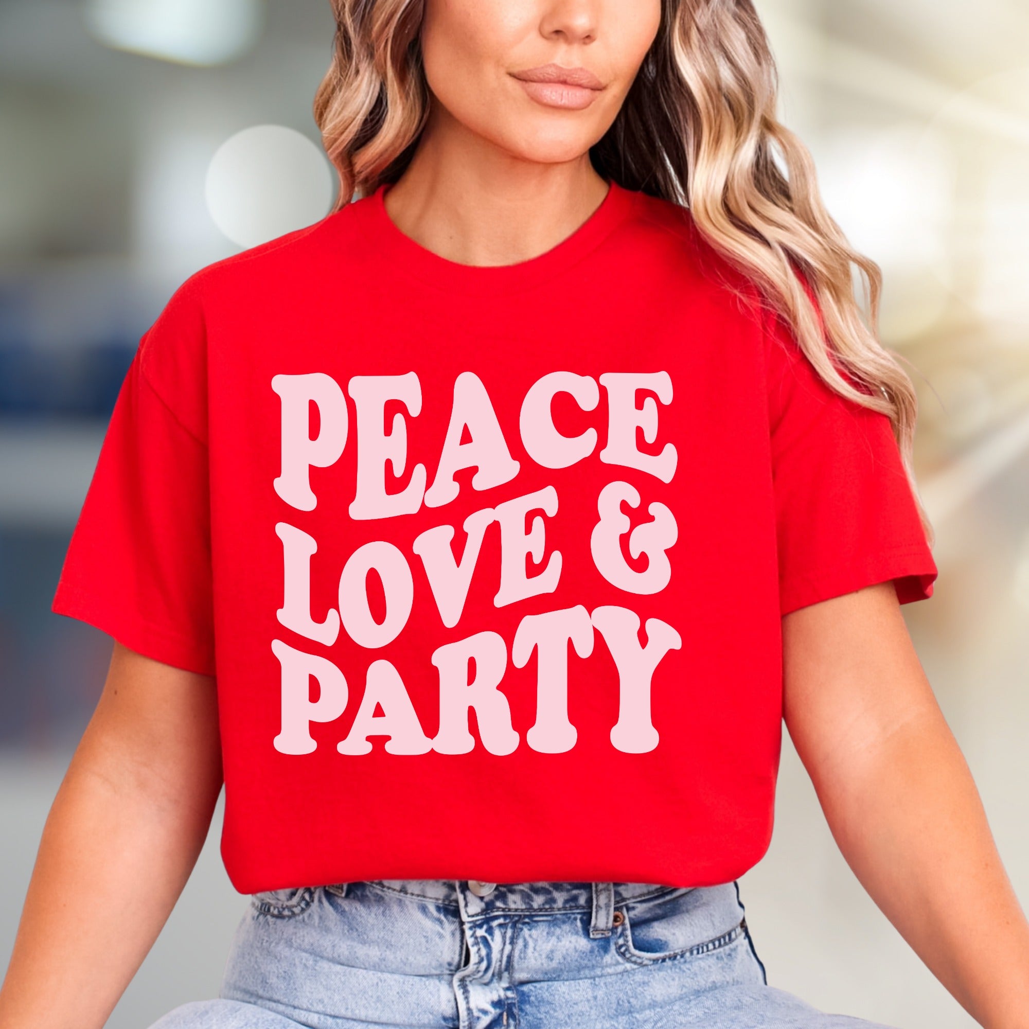 "Peace Love & Party" Groovy Graphic Tee, a Retro-Vibe Pick for Free Spirits