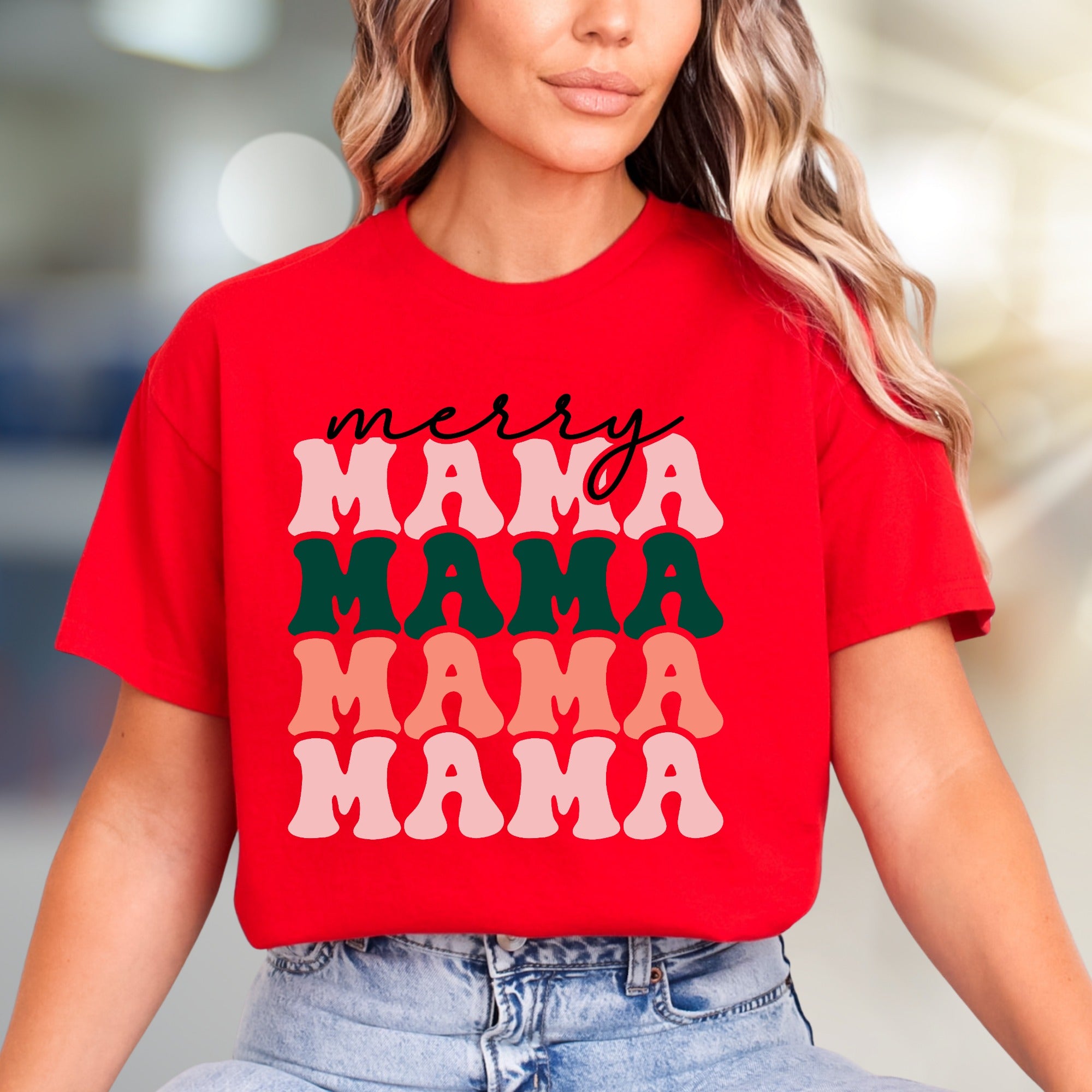 "Merry Mama Mama Mama" Retro Holiday Graphic Tee, a Festive Pick for Moms