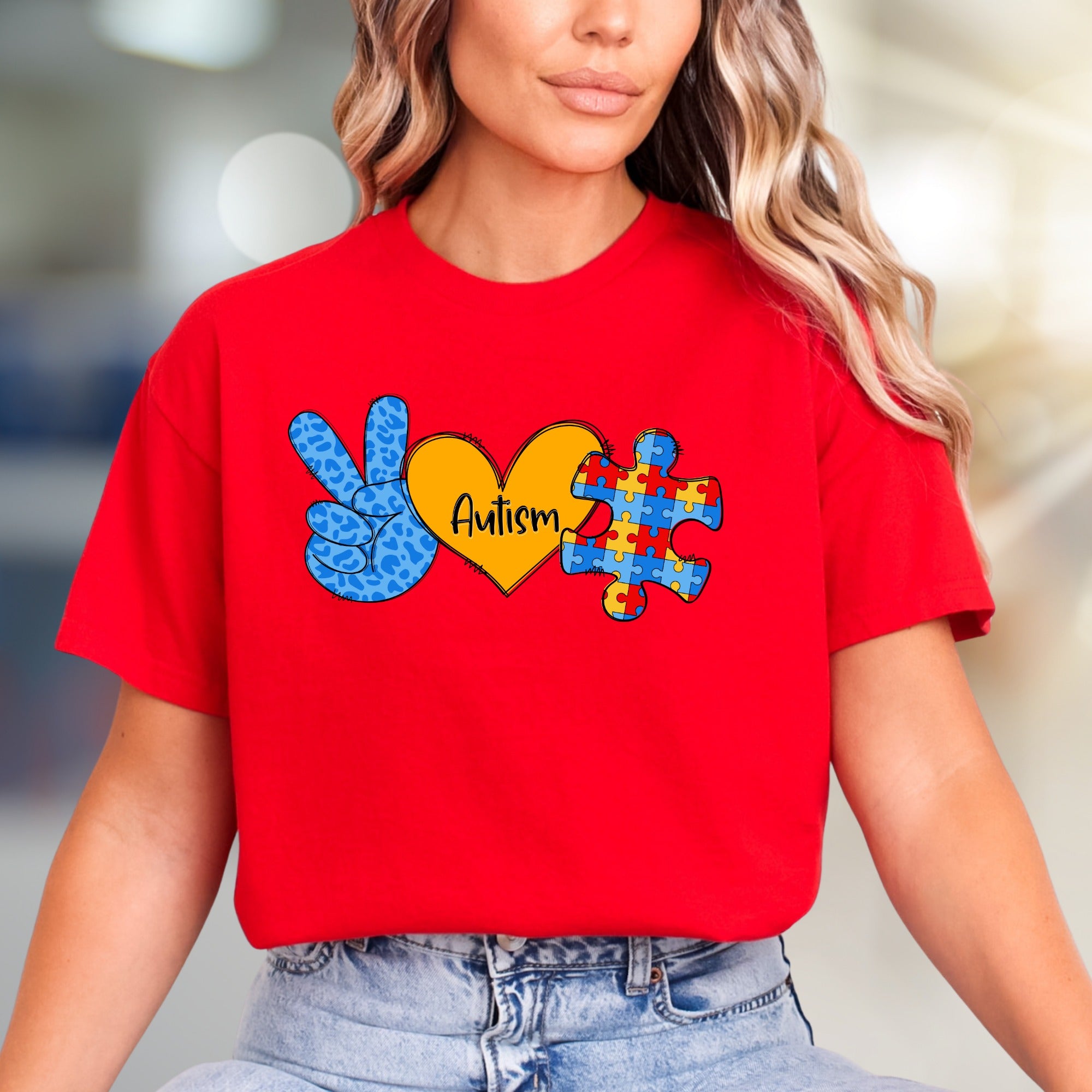 “Autism” Peace, Love & Puzzle Graphic Tee, a Supportive Awareness Pick for Advocates
