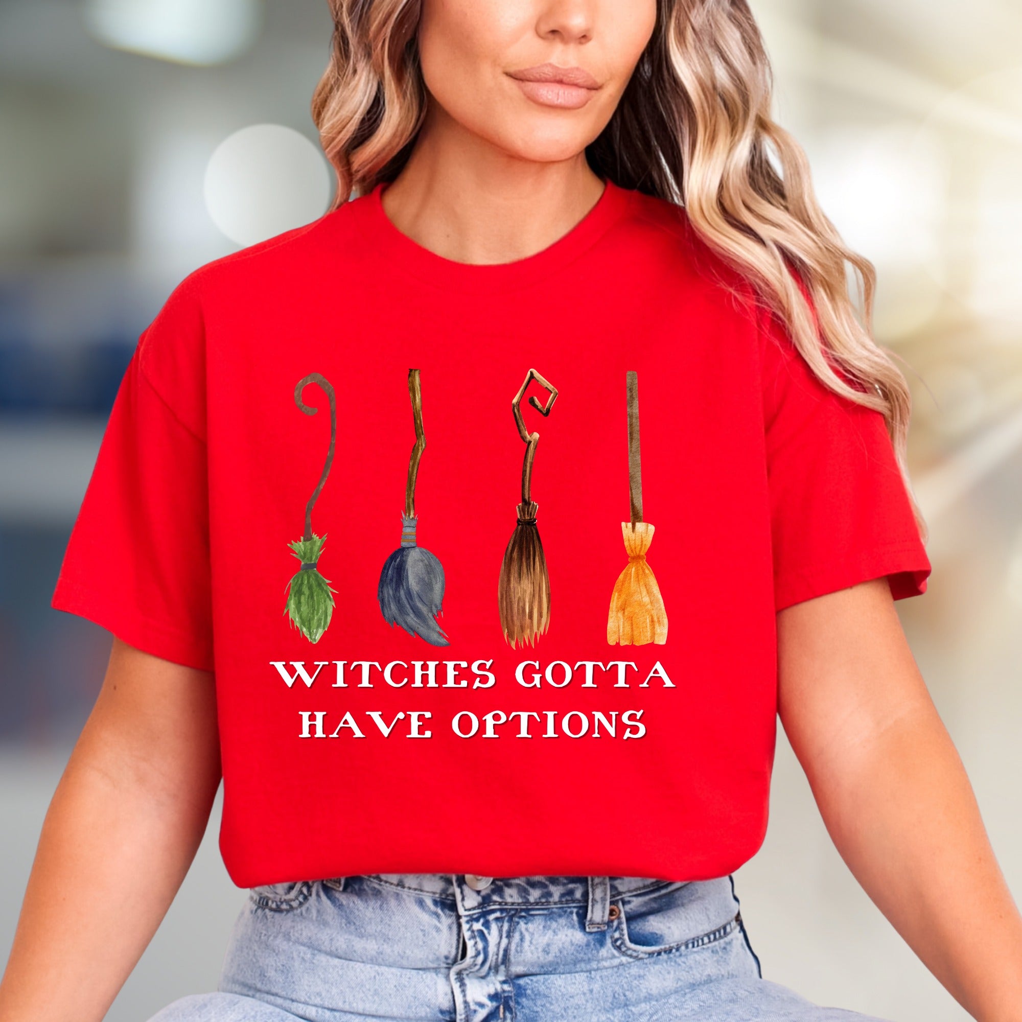 "Witches Gotta Have Options" Halloween Broomstick Graphic Unisex Tee, a Witchy Pick for Spooky Season Enthusiasts