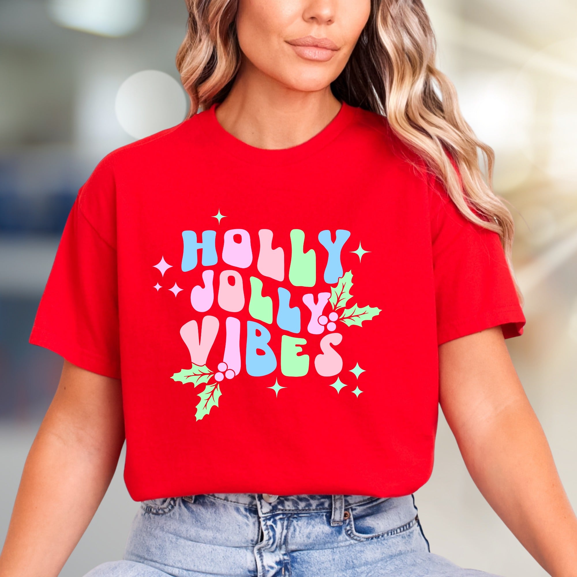 "Holly Jolly Vibes" Retro Christmas Graphic Tee, a Festive Niche Pick for Holiday Enthusiasts