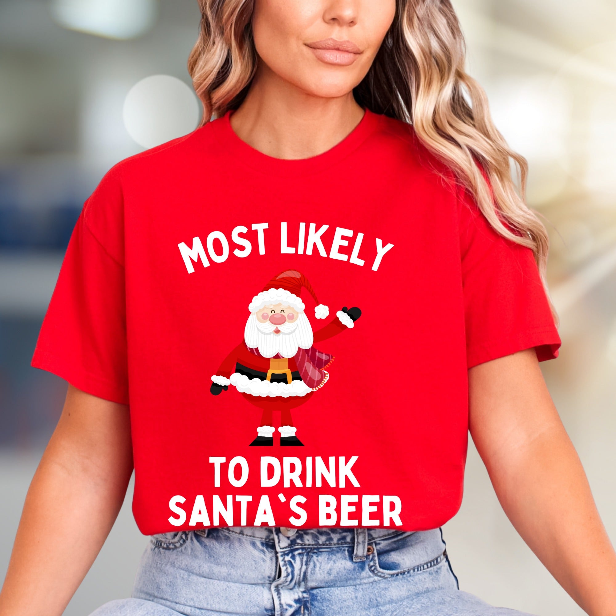 Most Likely To Drink Santa's Beer Funny Christmas Graphic Tee, a Holiday Humor Pick for Festive Adults