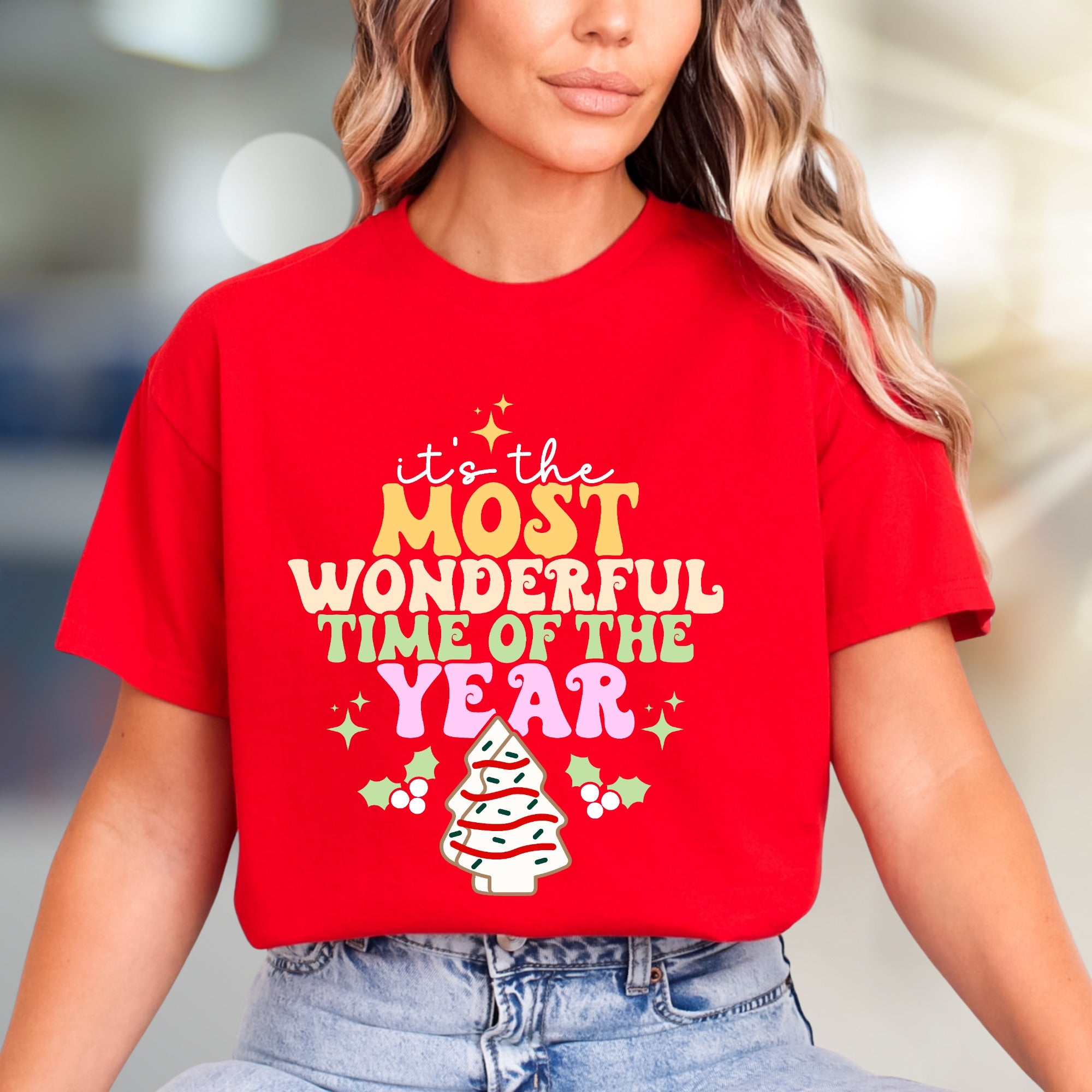 "It's the Most Wonderful Time of the Year" Whimsical Christmas Tree Graphic Tee, a Festive Holiday Pick for Everyone