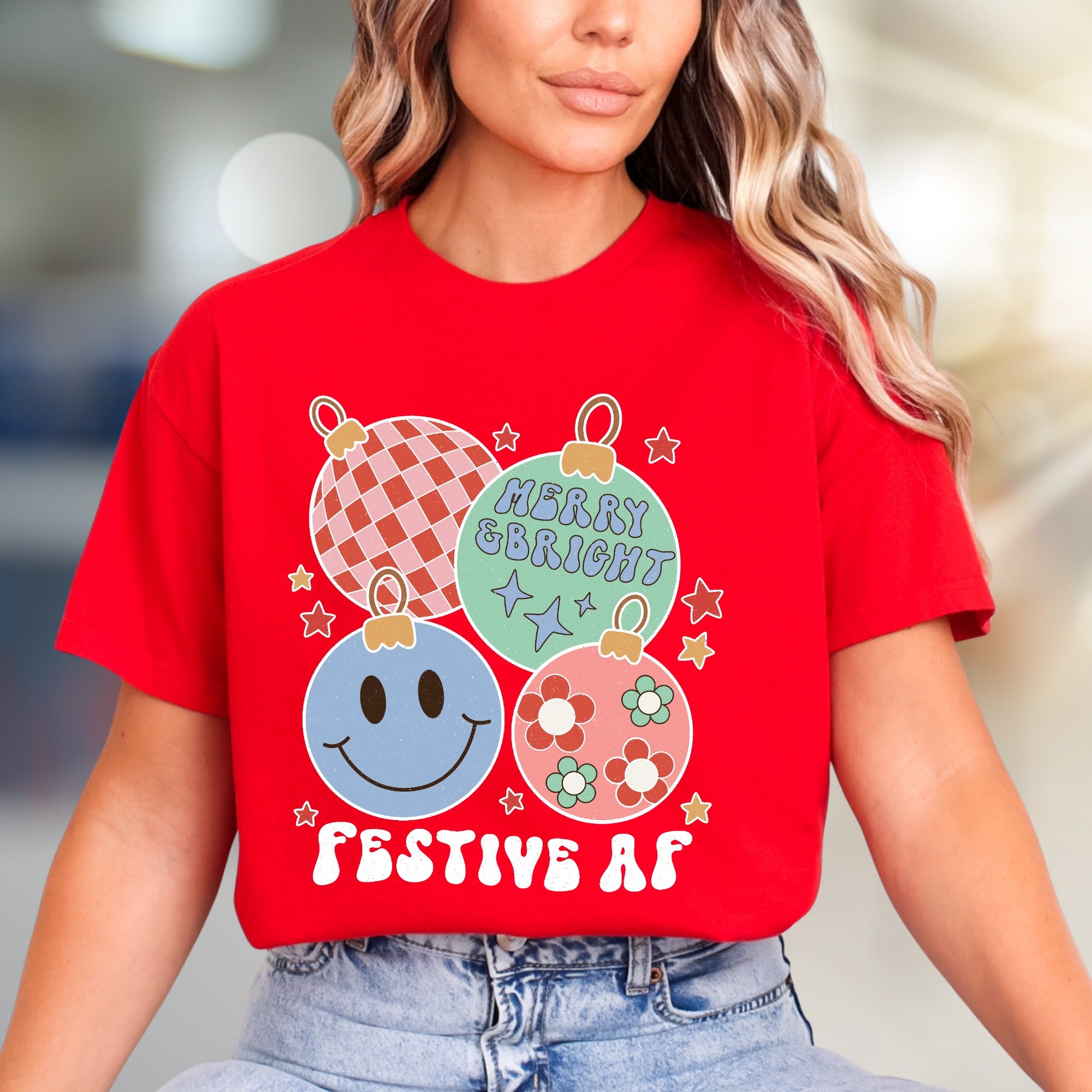 "Festive AF" Retro Holiday Ornaments Tee, a Groovy Christmas Pick for Everyone