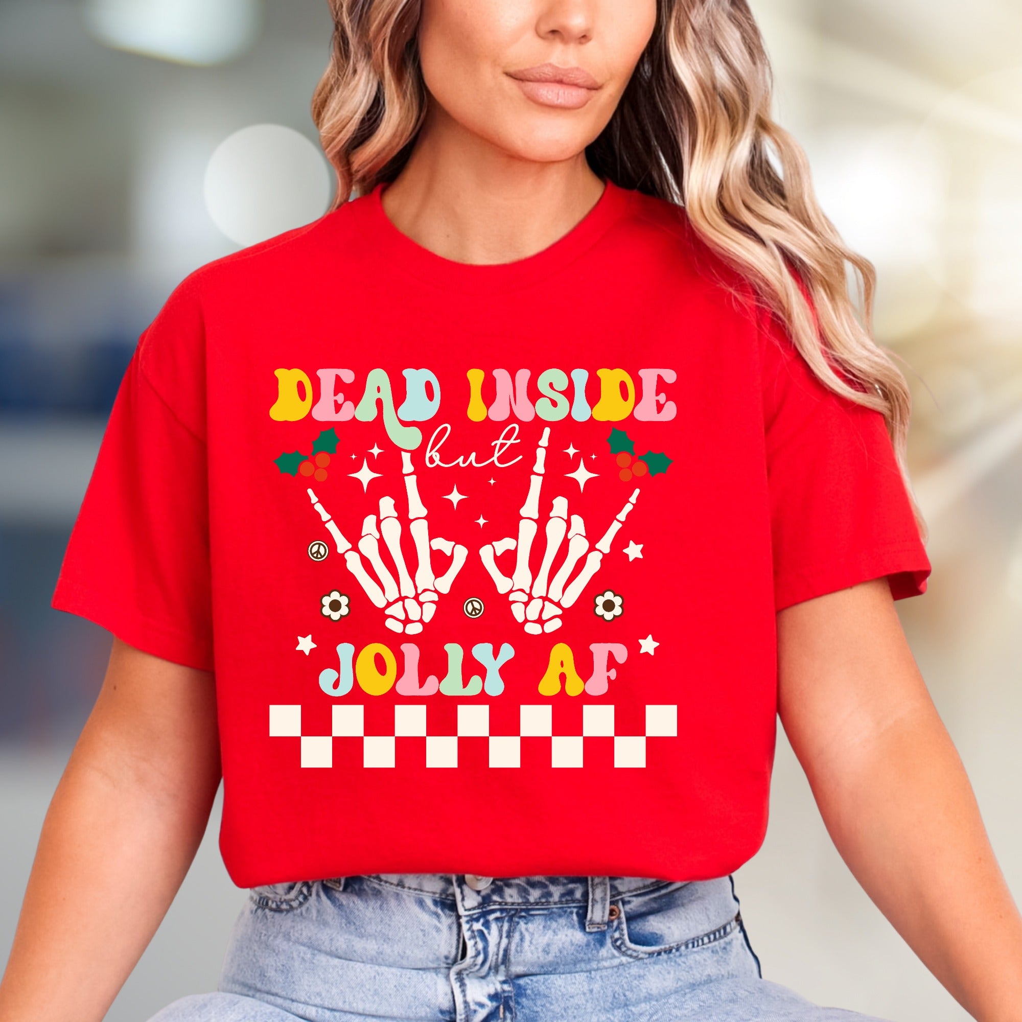 "DEAD INSIDE but JOLLY AF" Festive Skeleton Hands Graphic Tee, a Quirky Holiday Pick for Sarcastic Souls