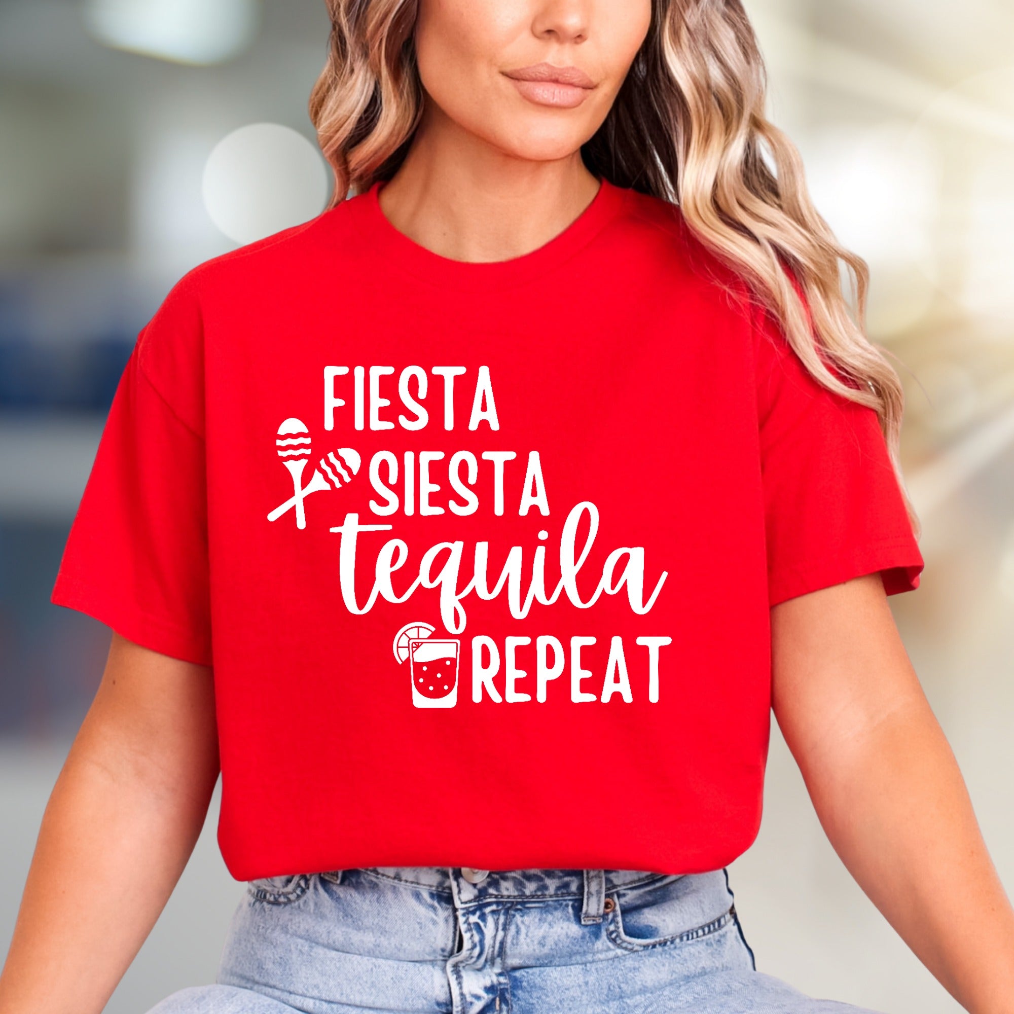 "FIESTA SIESTA TEQUILA REPEAT" Party Vibes Graphic Tee, a Fun Pick for Celebrators