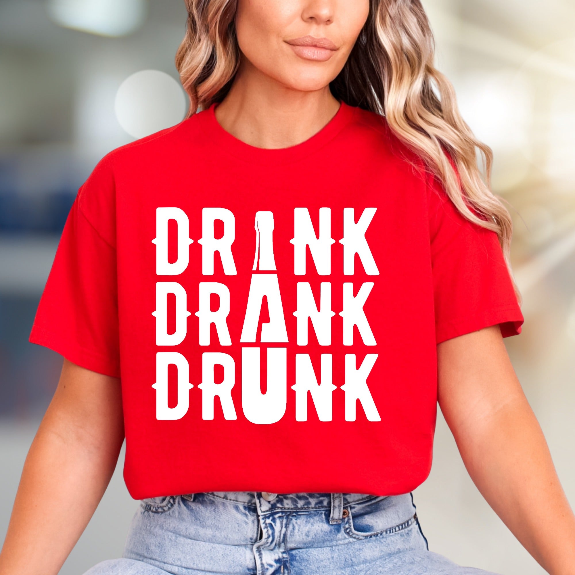 "DRINK DRANK DRUNK" Bar Night Graphic Tee, a Funny Party Pick for Revelers