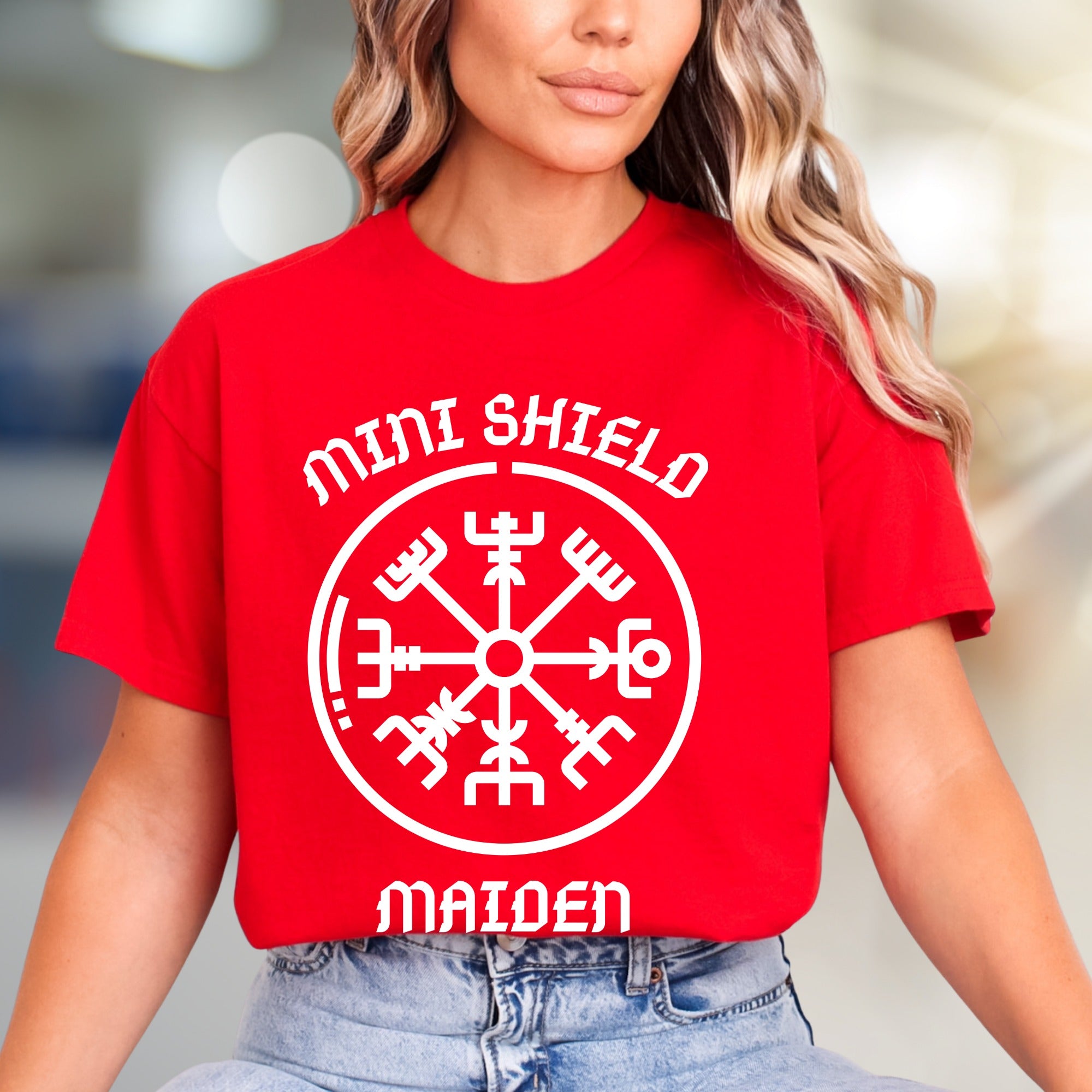 "MINI SHIELD MAIDEN" Viking Rune Compass Graphic Tee, a Norse Mythology Pick for Enthusiasts