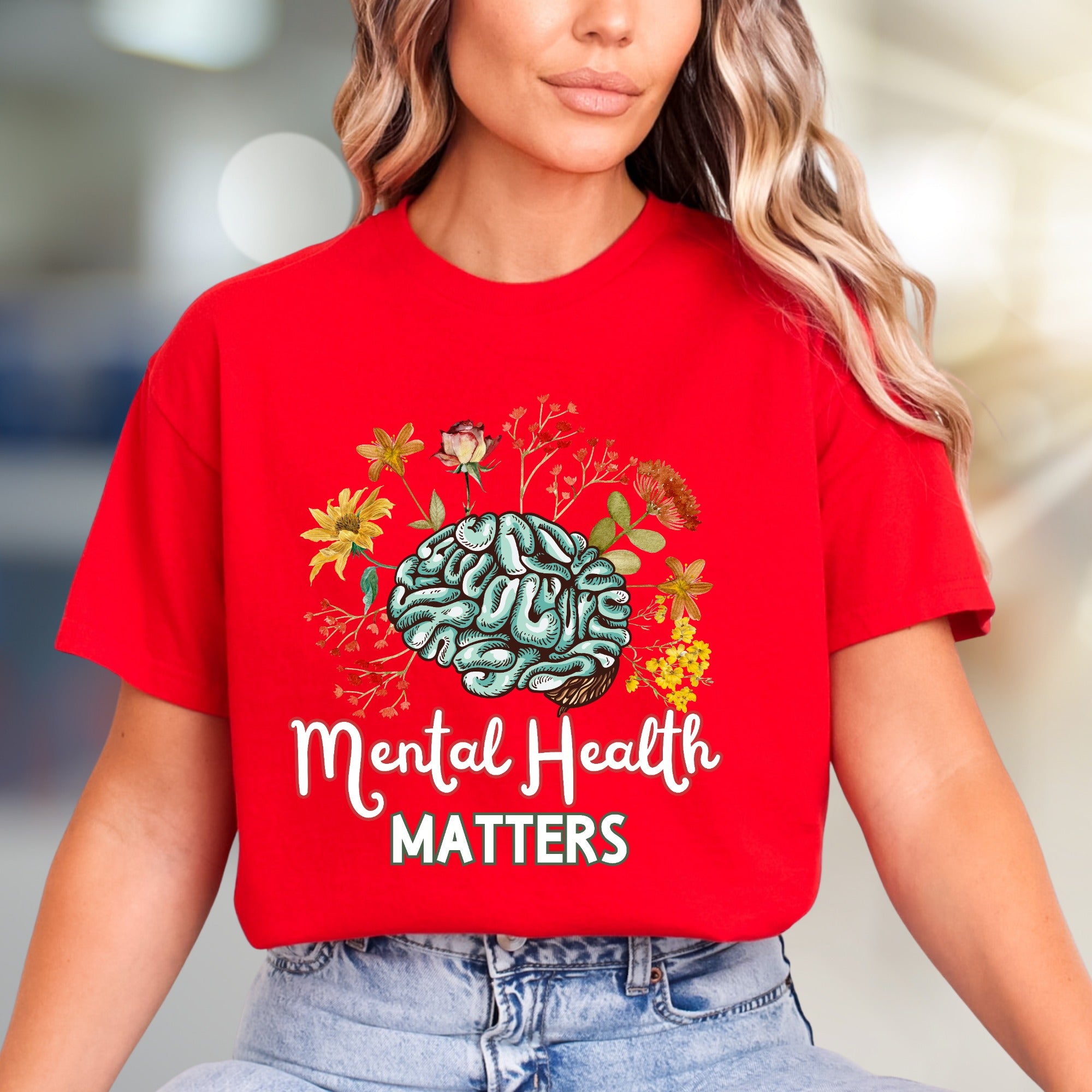 "Mental Health Matters" Floral Brain Graphic Tee, a Wellness Pick for Advocates
