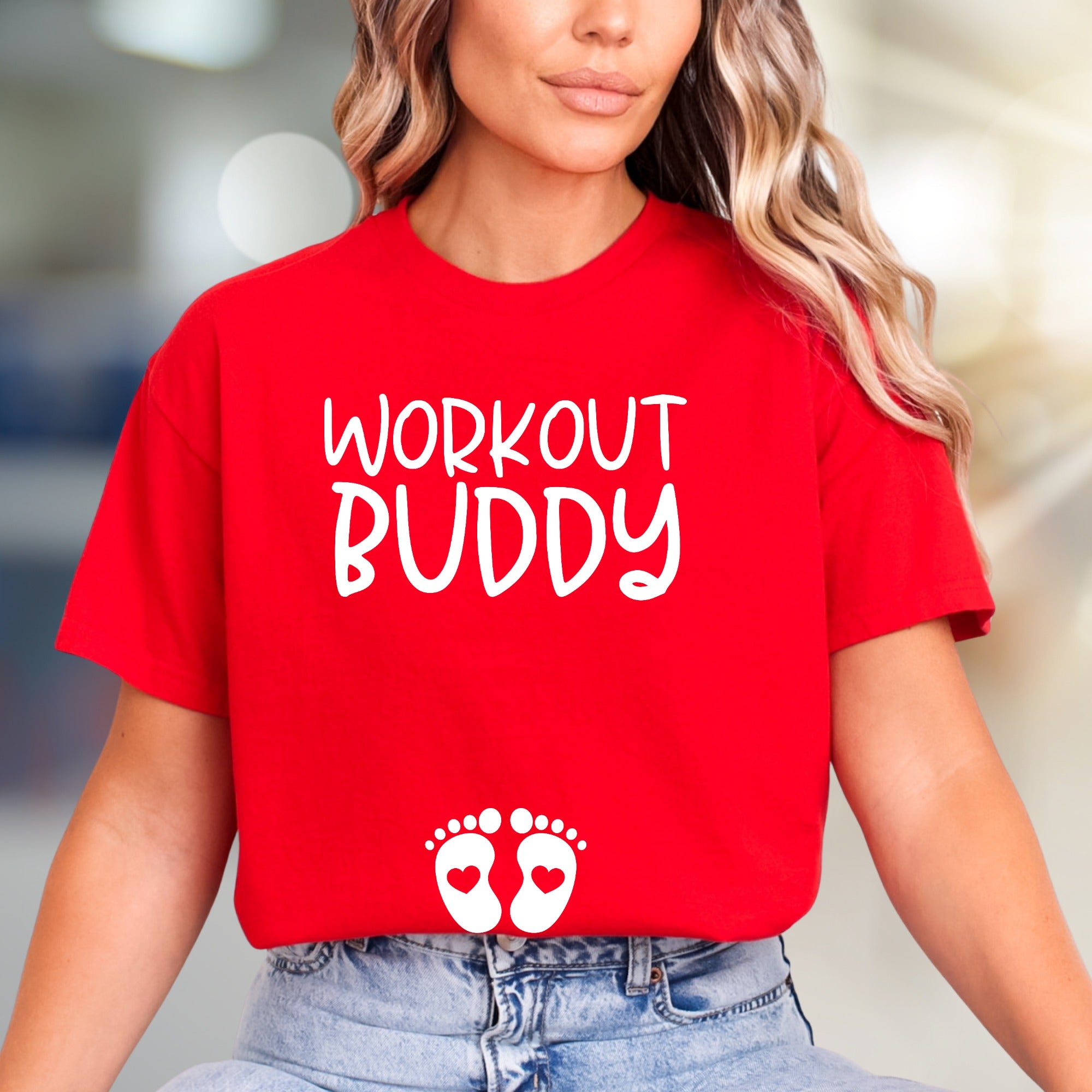 "Workout Buddy" Maternity Graphic Tee, a Pregnancy-Fit Pick for Expecting Moms