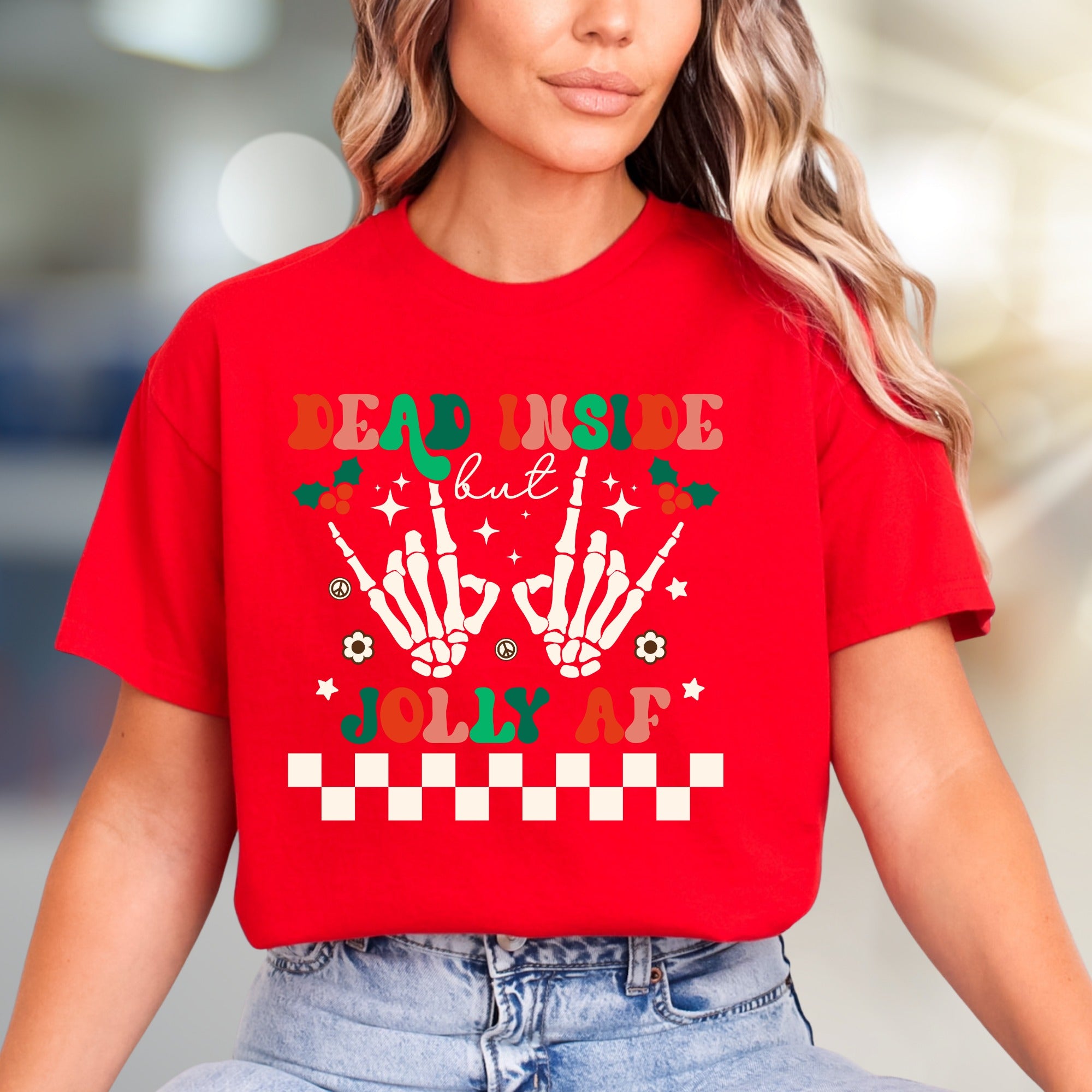 "Dead Inside But Jolly AF" Christmas Skeleton Graphic Tee, A Humorous Holiday Pick for Festive Vibes