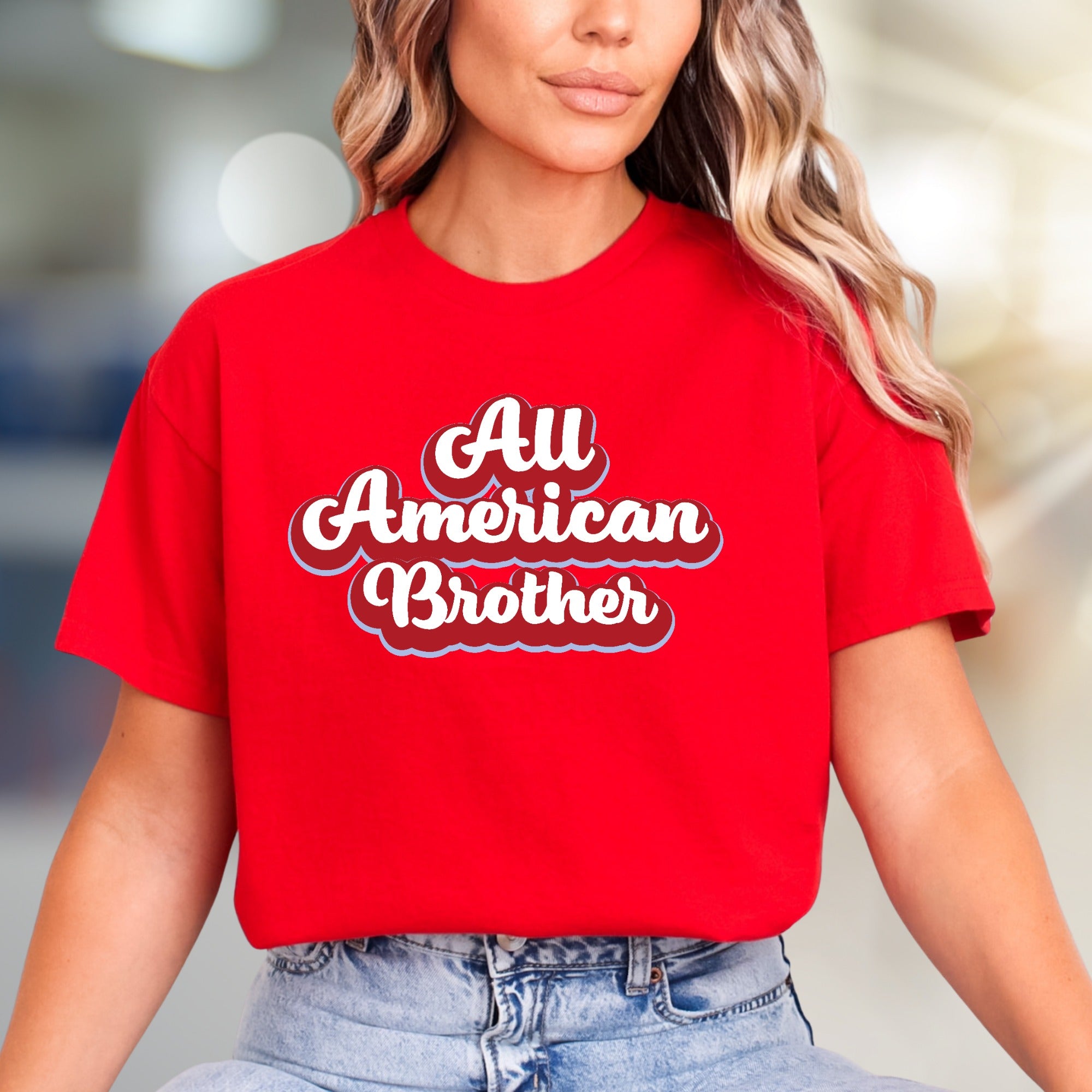 "All American Brother" Retro Script Graphic Tee, a Patriotic Pick for Family