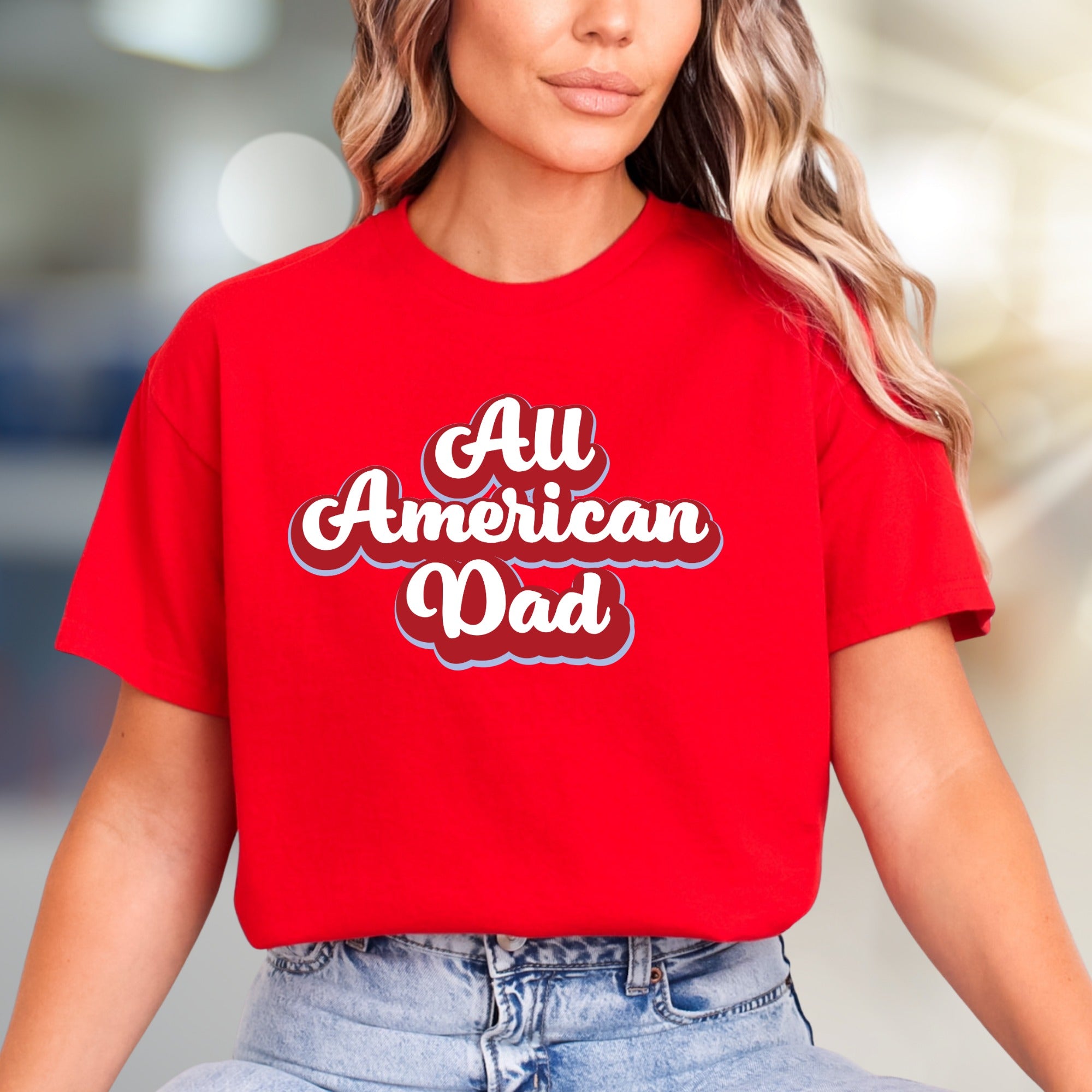 "All American Dad" Retro Script Graphic Tee, a Patriotic Pick for Dads