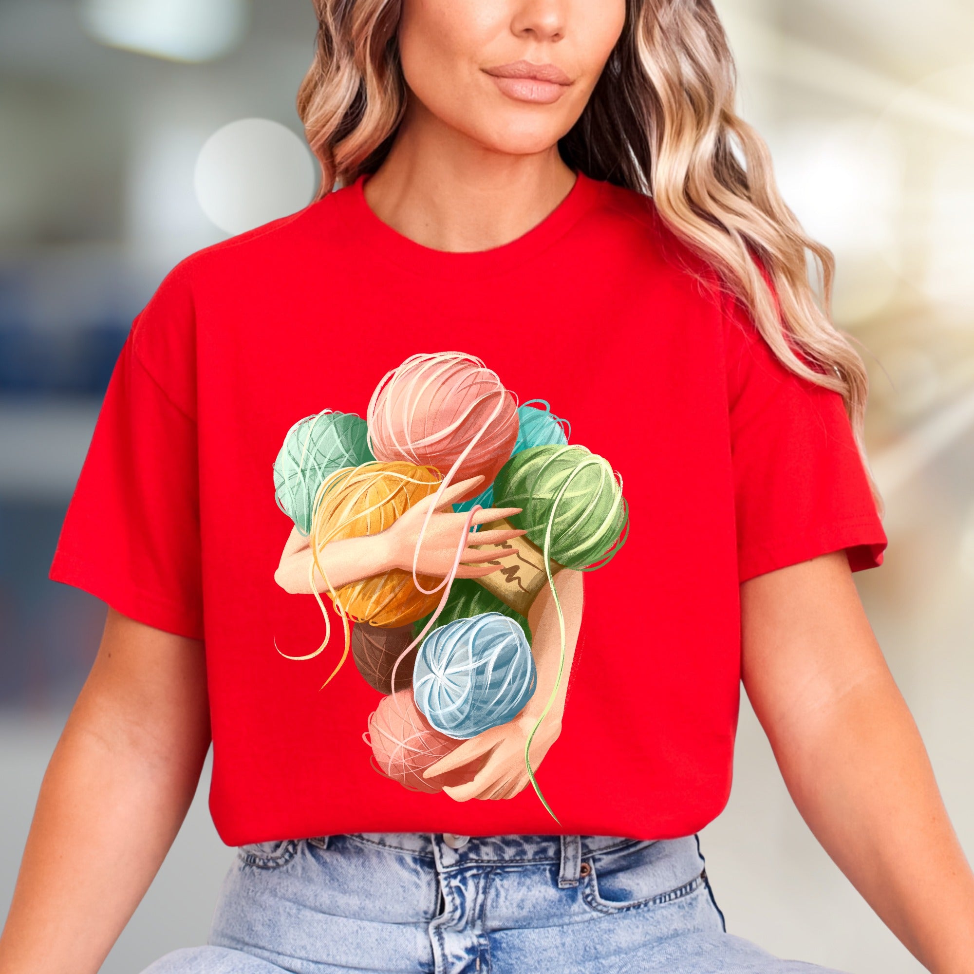 Hugging Yarn Balls Graphic Tee, A Crafty Pick for Makers