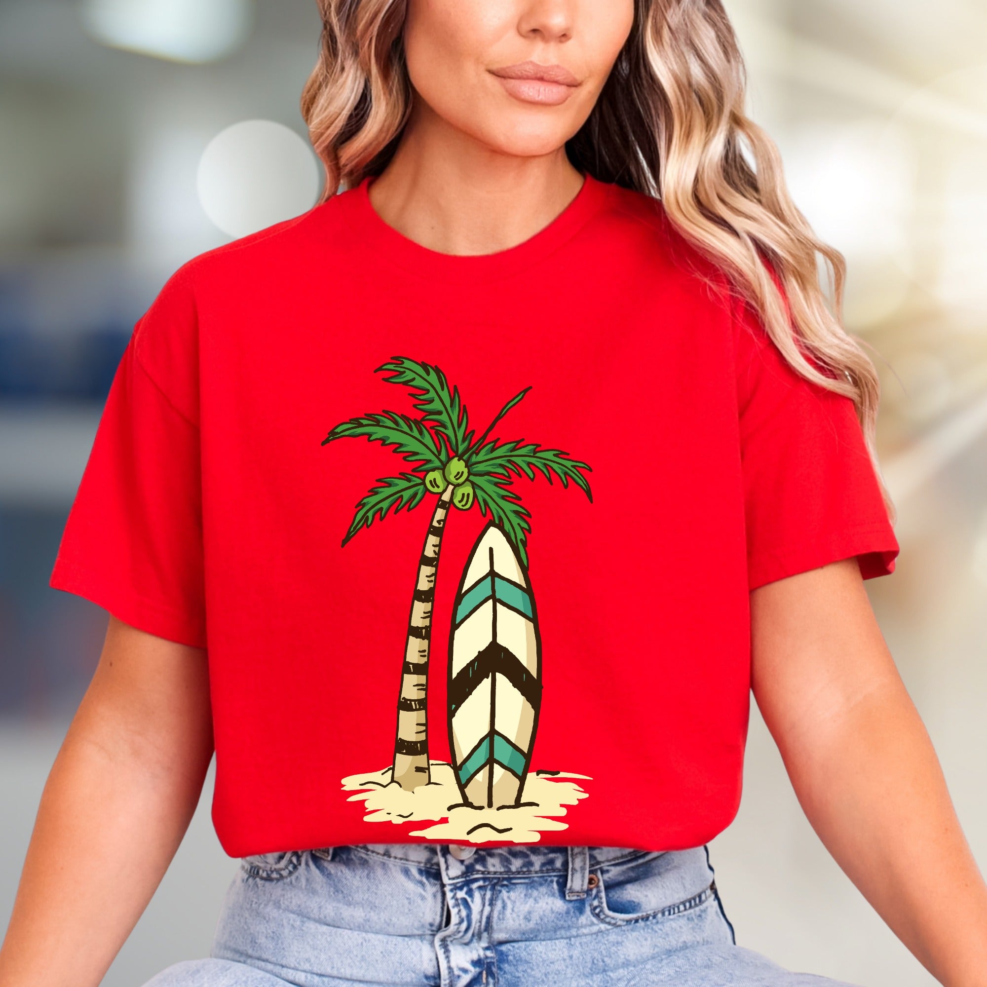 Palm Tree Surfboard Island Zen Graphic Tee, A Tropical Escape for Beach Lovers