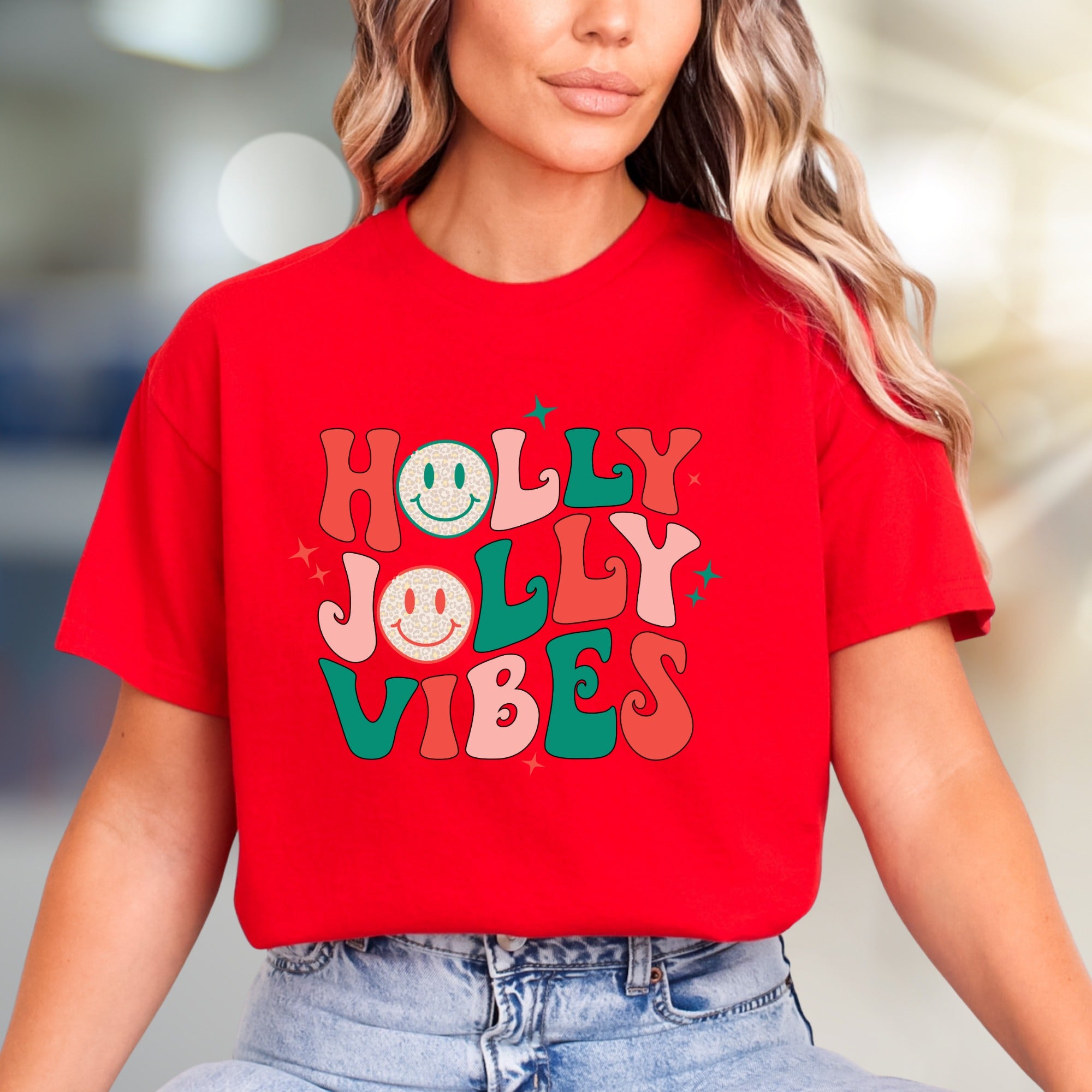"Holly Jolly Vibes" Retro Christmas Graphic Tee, a Festive Pick for Holiday Enthusiasts