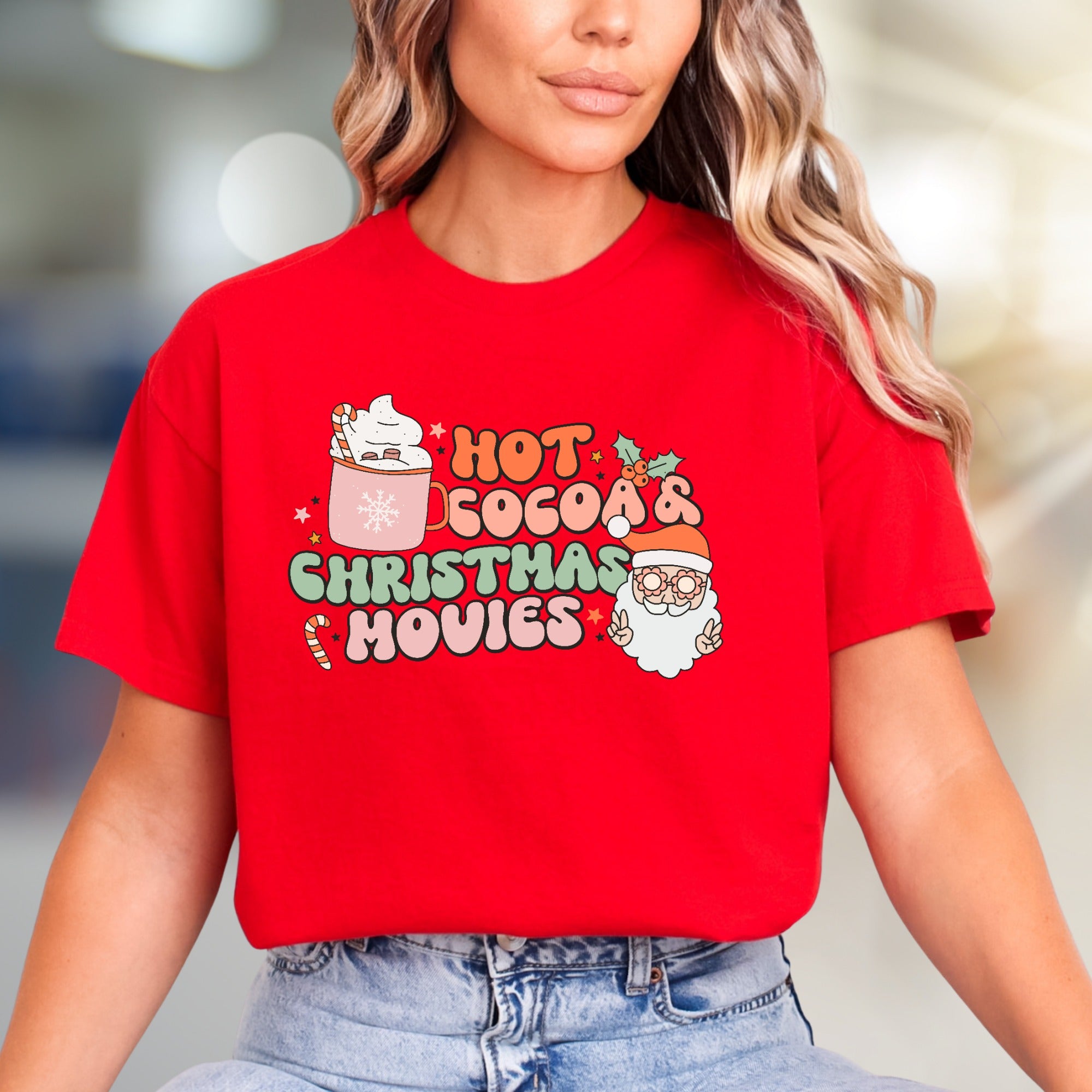 "Hot Cocoa & Christmas Movies" Retro Graphic Tee, a Festive Comfort Pick for Holiday Enthusiasts