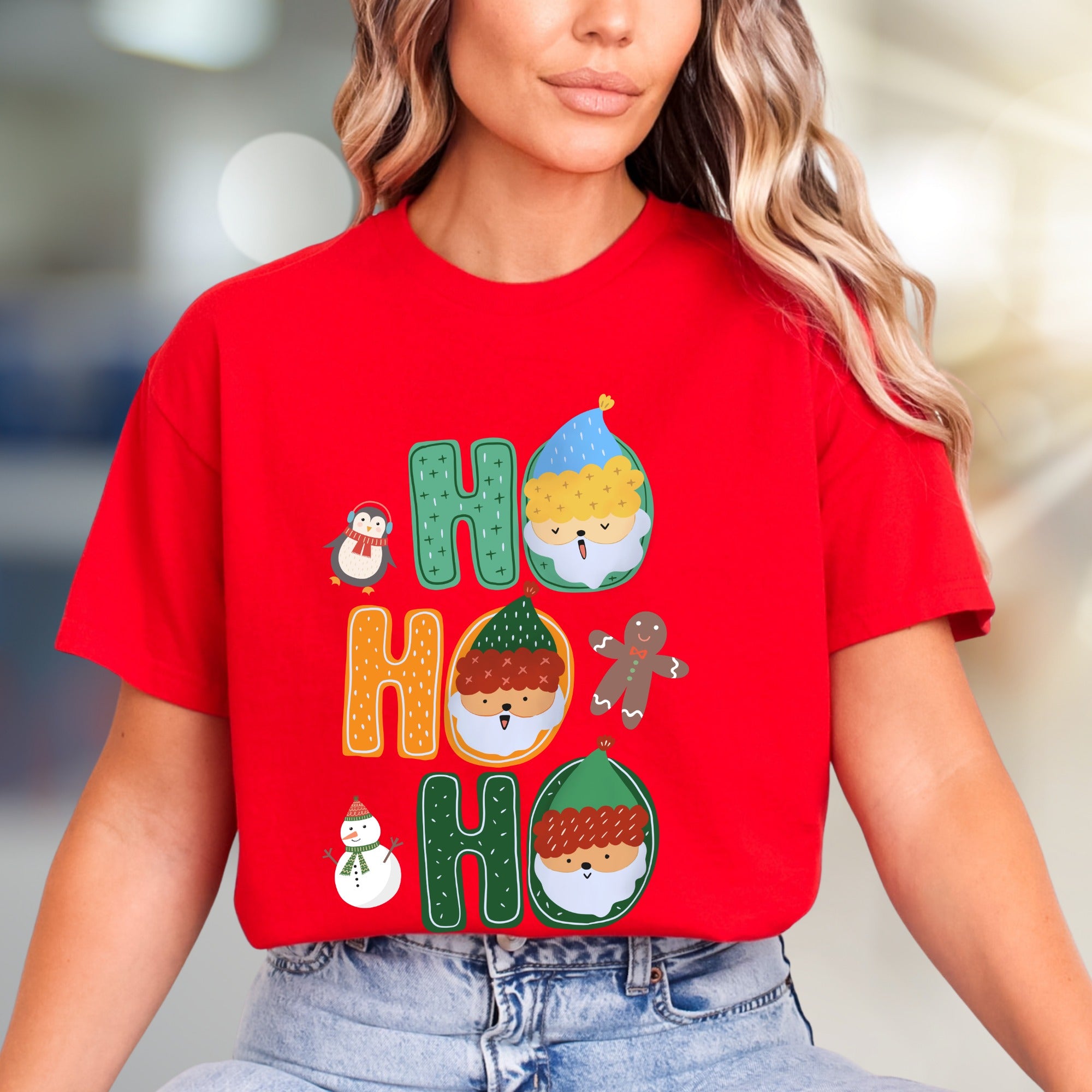 "HO HO HO" Christmas Characters Graphic Tee, a Festive Holiday Pick for Merrymakers