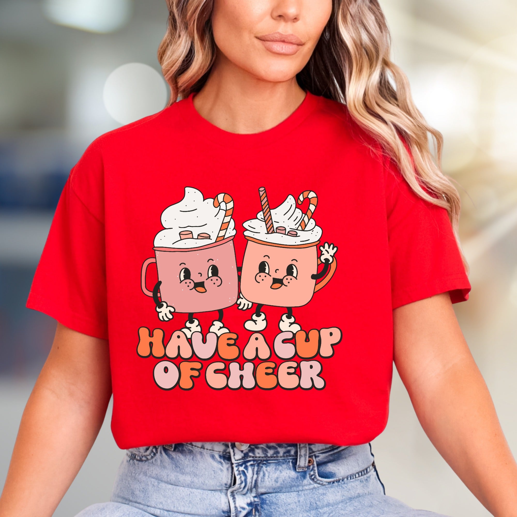 "Have a Cup of Cheer" Retro Hot Cocoa Graphic Tee, a Winter Cozy Pick for Enthusiasts