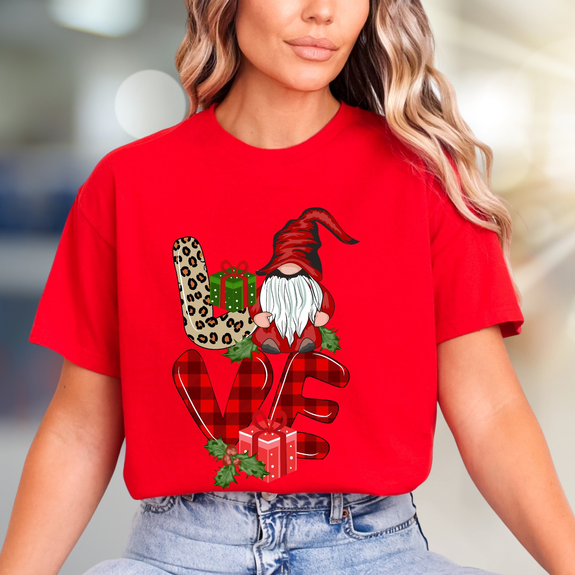 "LOVE" Gnome Leopard Plaid Graphic Tee, a Festive Holiday Gift for Her