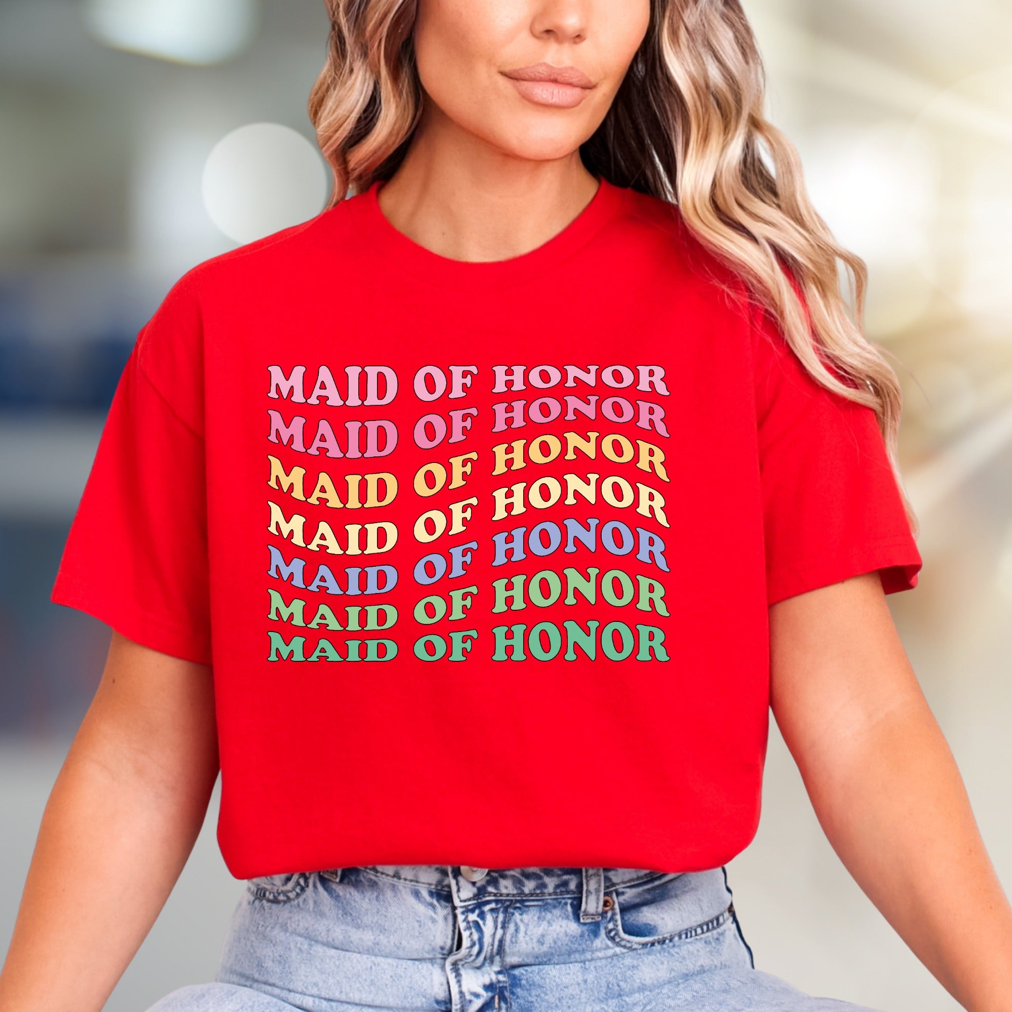 "Maid of Honor" Rainbow Retro Graphic Tee, a Bridal Party Pick for Her