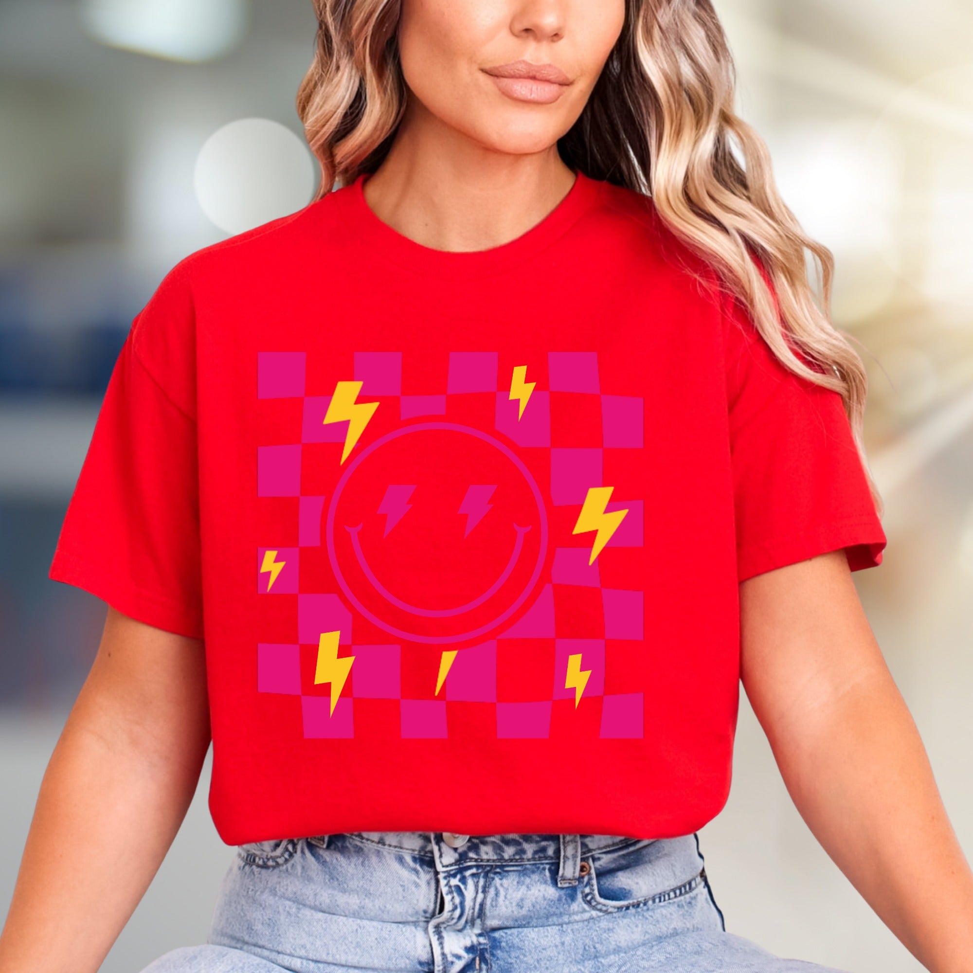 Neon Checkerboard Lightning Smiley Face Graphic Tee, a Bold Y2K Pick for Trendsetters