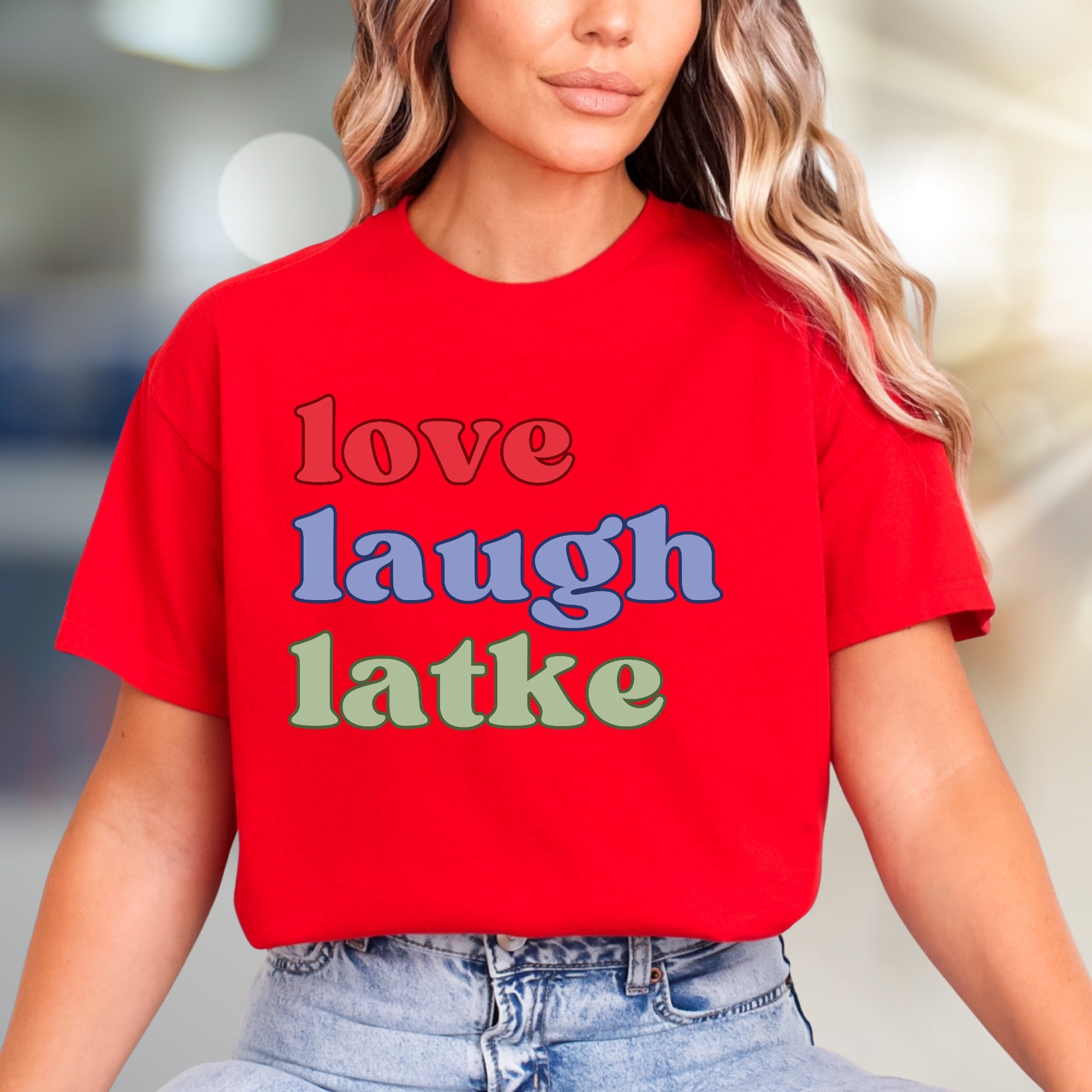 "love laugh latke" Whimsical Foodie Graphic Tee, a Humorous Pick for Latke Lovers
