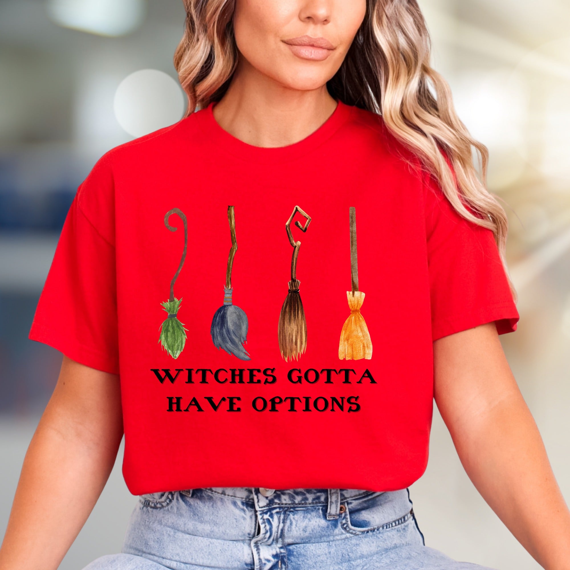 "Witches Gotta Have Options" Halloween Broomstick Graphic Tee, a Spooky Chic Pick for Witches