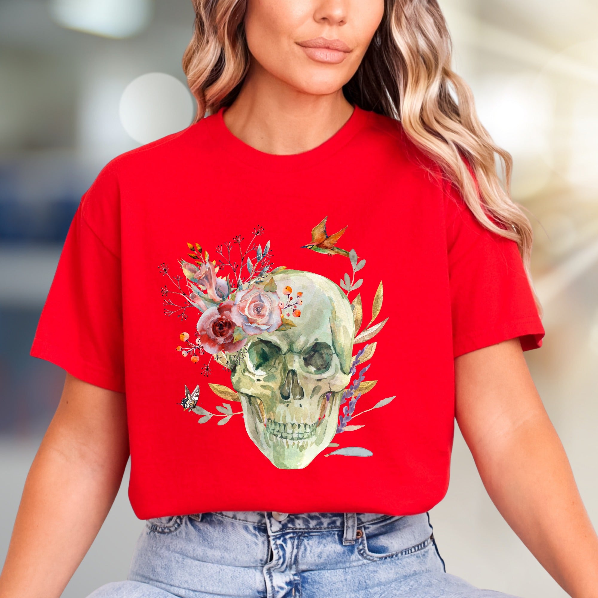 Floral Skull Watercolor Graphic Tee, a Nature-Inspired Pick for Art Lovers