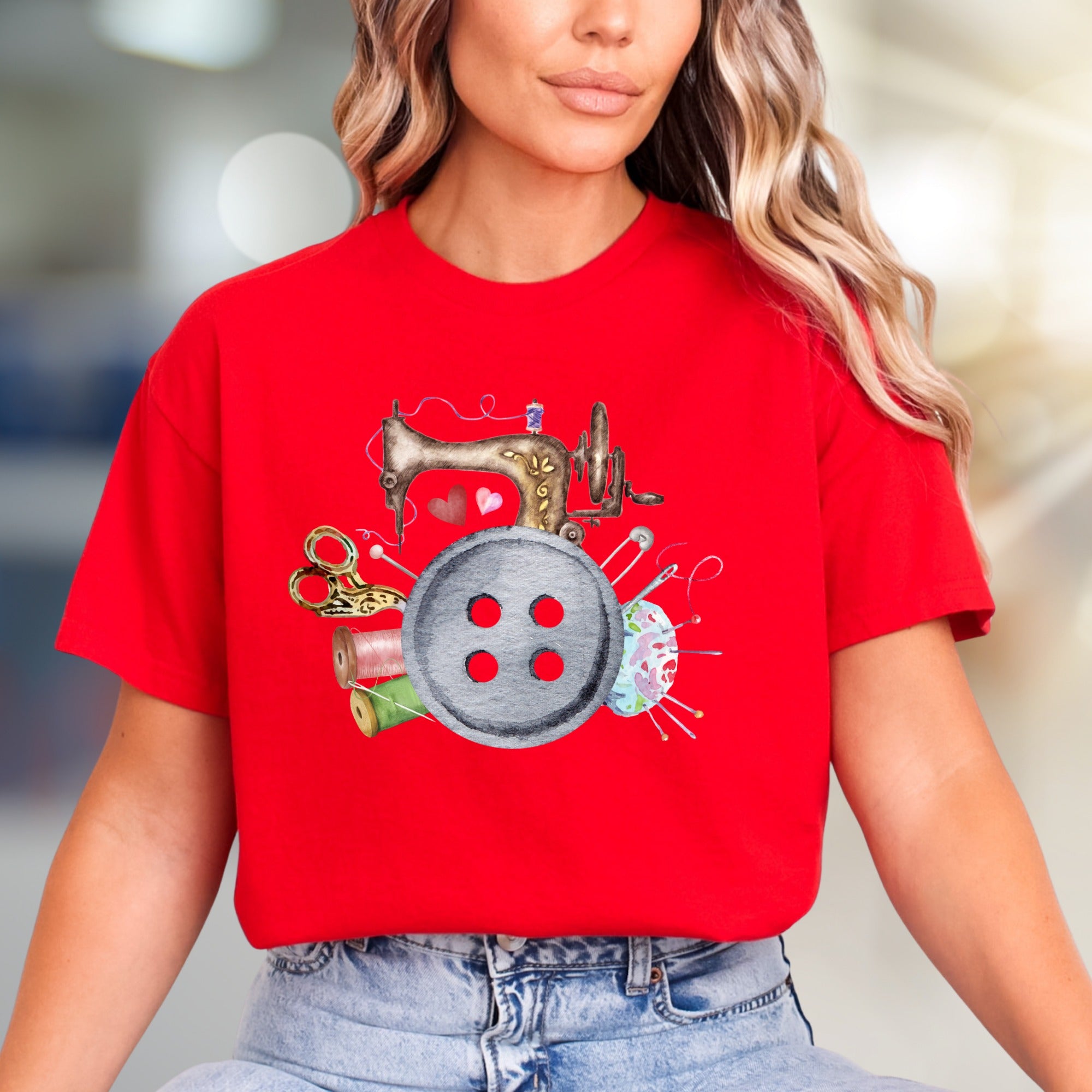 Sewing Machine & Crafty Button Graphic Tee, a Hobbyist's Style Pick for Creators