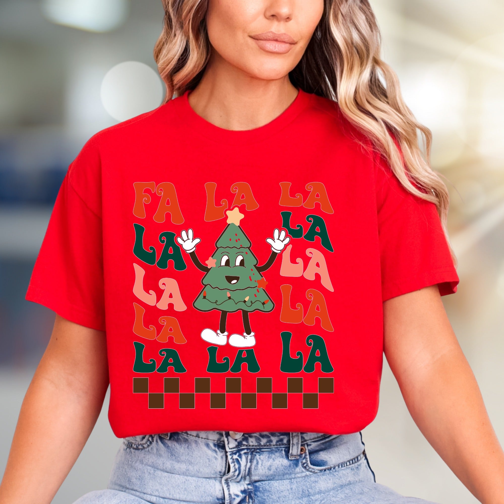 "FA LA LA" Retro Christmas Tree Graphic Tee, A Festive Holiday Pick for Enthusiasts