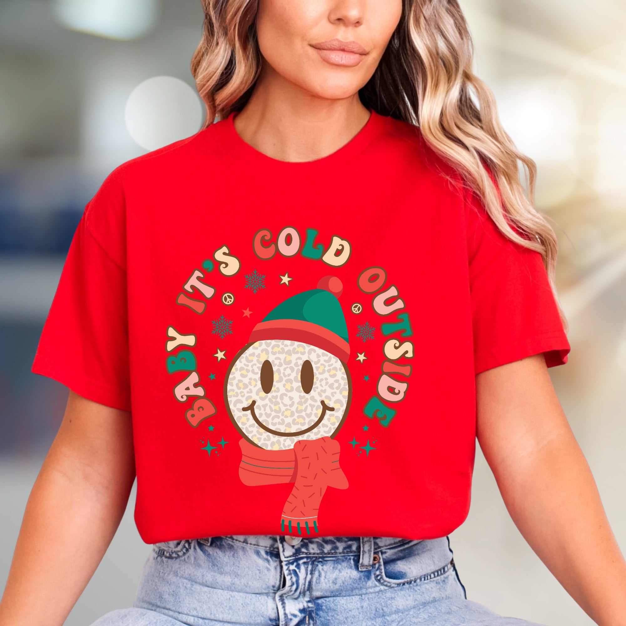 "Baby It's Cold Outside" Winter Smiley Graphic Tee, a Festive Comfort Pick for Holiday Lovers