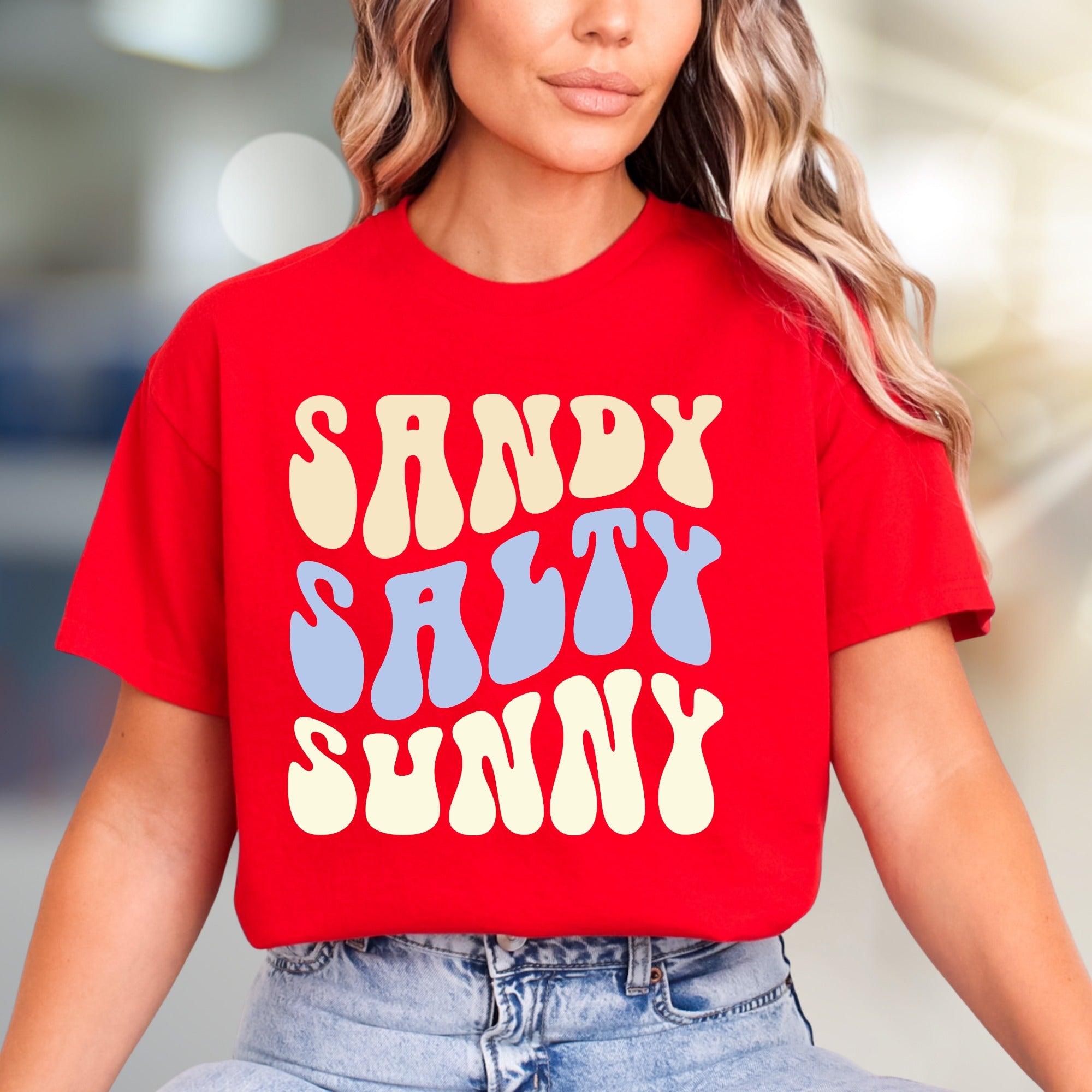 "Sandy Salty Sunny" Retro Summer Graphic Tee, a Beach Lover's Relaxed Pick