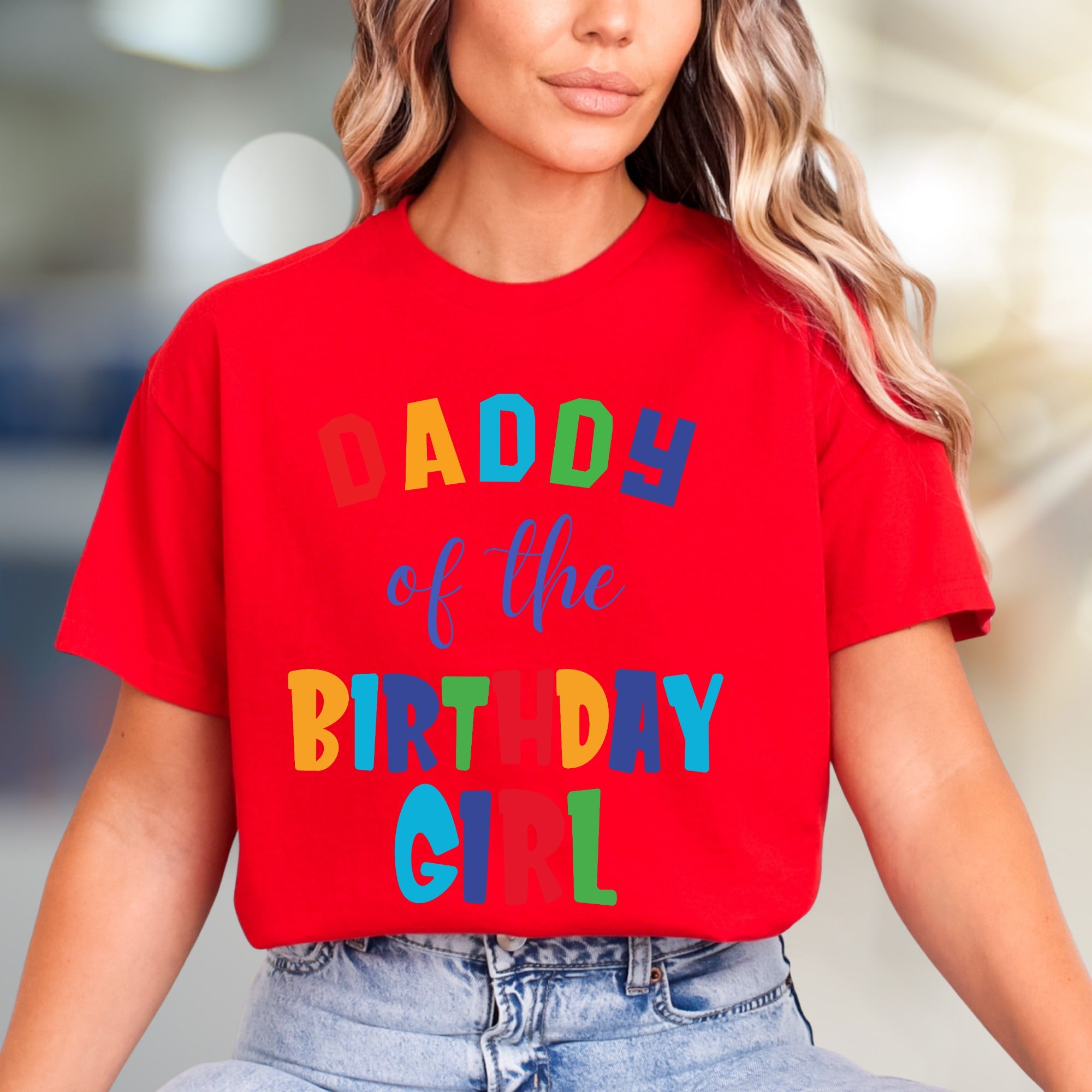 "DADDY of the BIRTHDAY GIRL" Colorful Block Letters Graphic Tee, a Celebration Pick for Fathers and Family