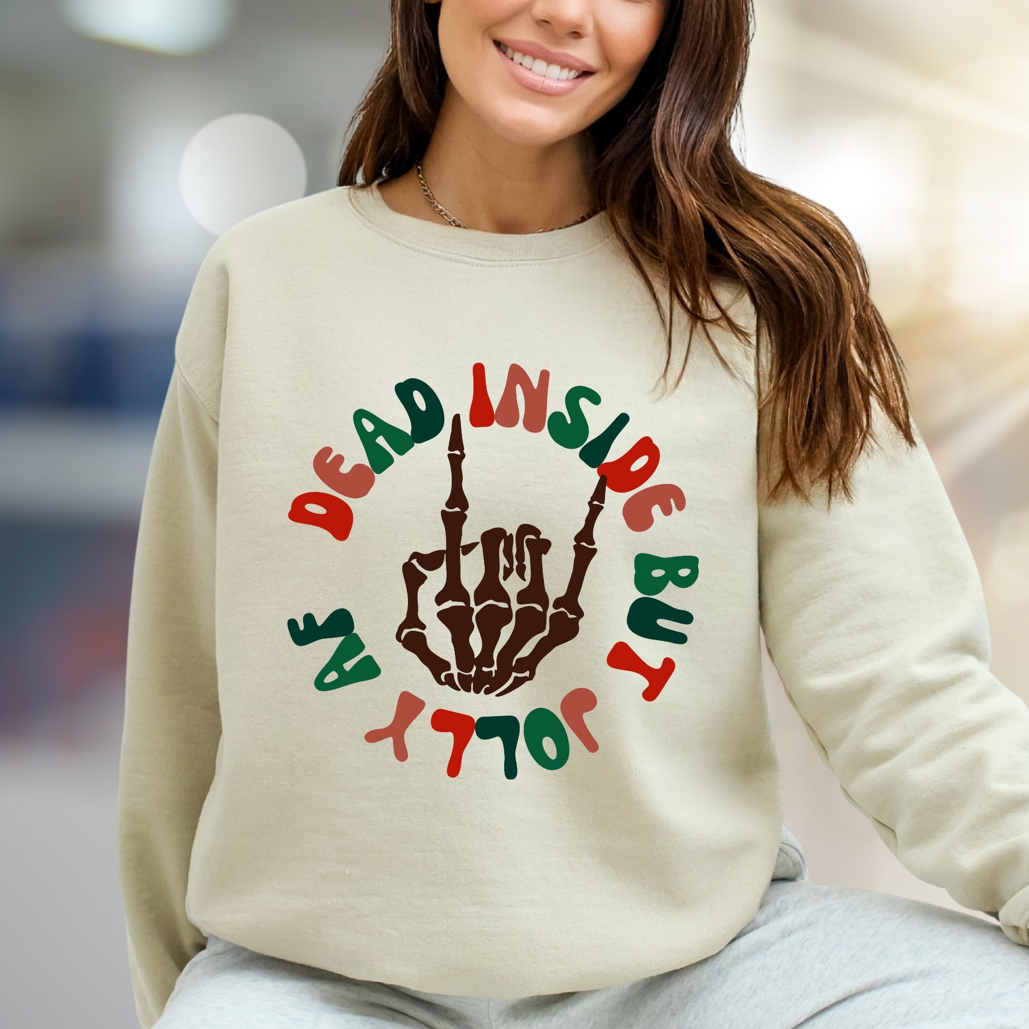 "Dead Inside But Jolly" Spooky Christmas Graphic Sweatshirt, a Humorous Holiday Pick for Rebels